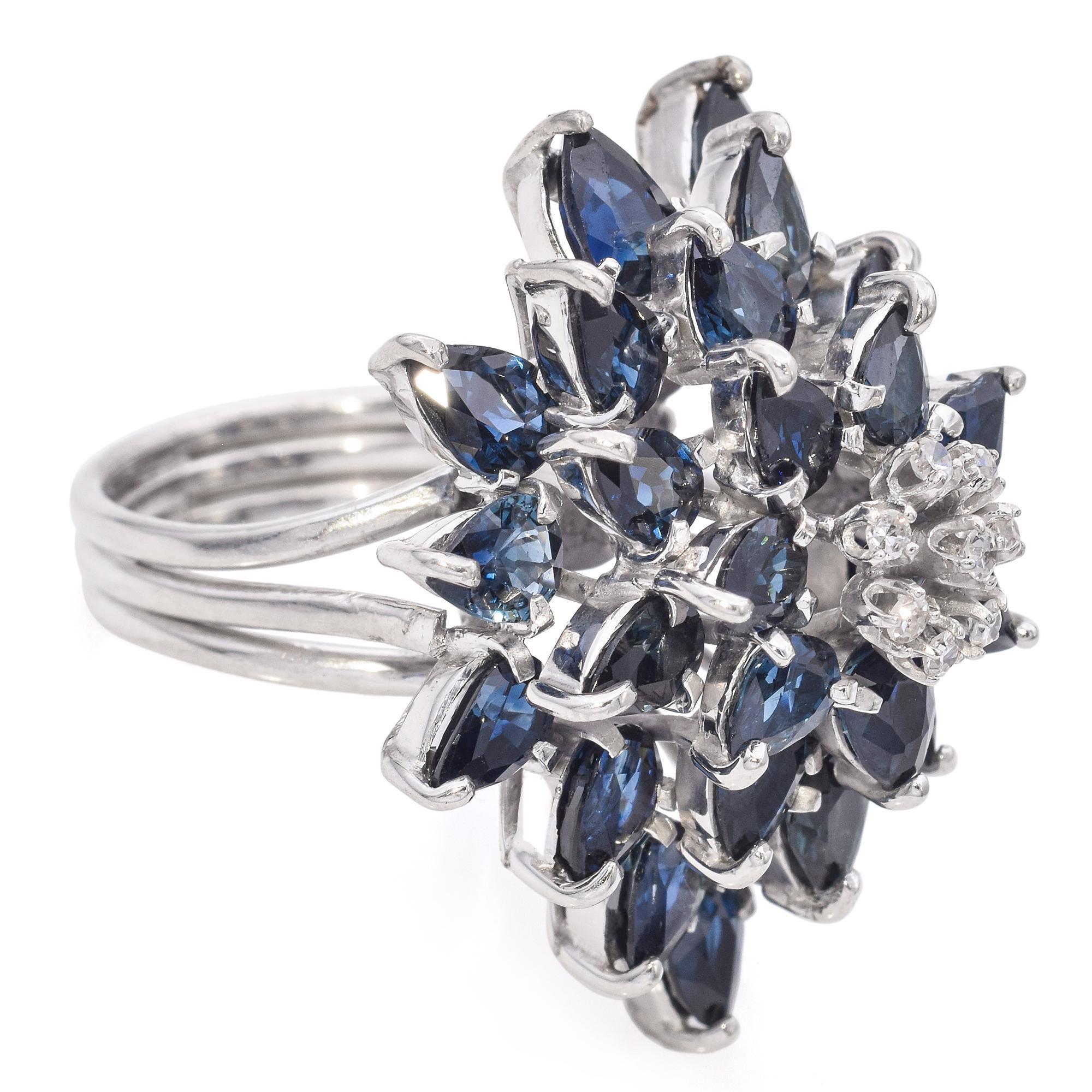 Vintage Sapphire and Diamond Cluster Statement Ring in a Precious Metal Alloy For Sale 1