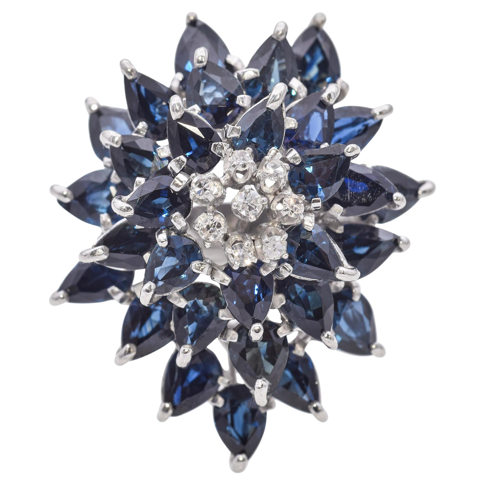 Vintage Sapphire and Diamond Cluster Statement Ring in a Precious Metal Alloy