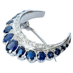 Vintage Sapphire and Diamond Crescent 18 Carat White Gold Brooch