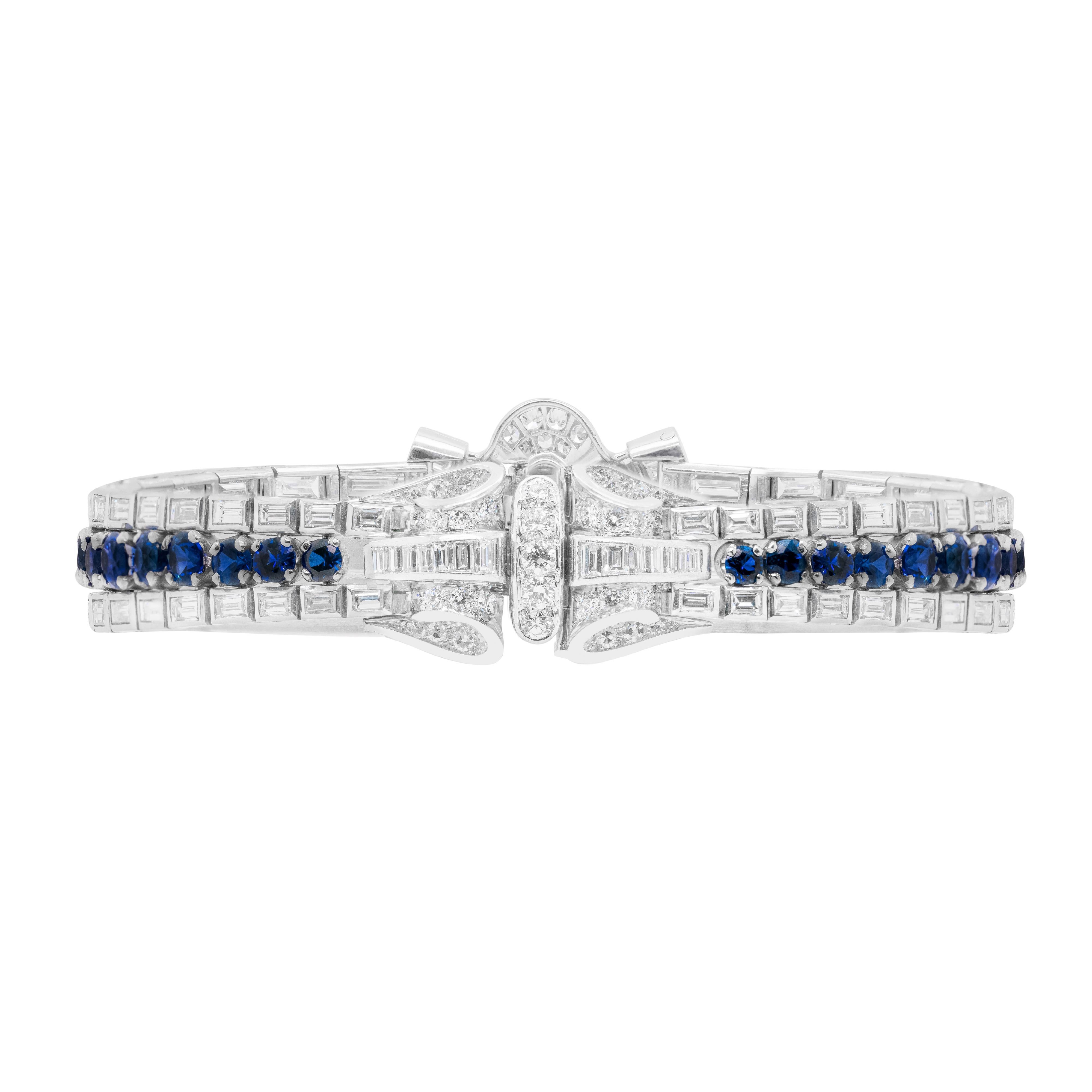 Art Deco Vintage Sapphire and Diamond Deco Style Platinum Bracelet, Circa 1950's For Sale