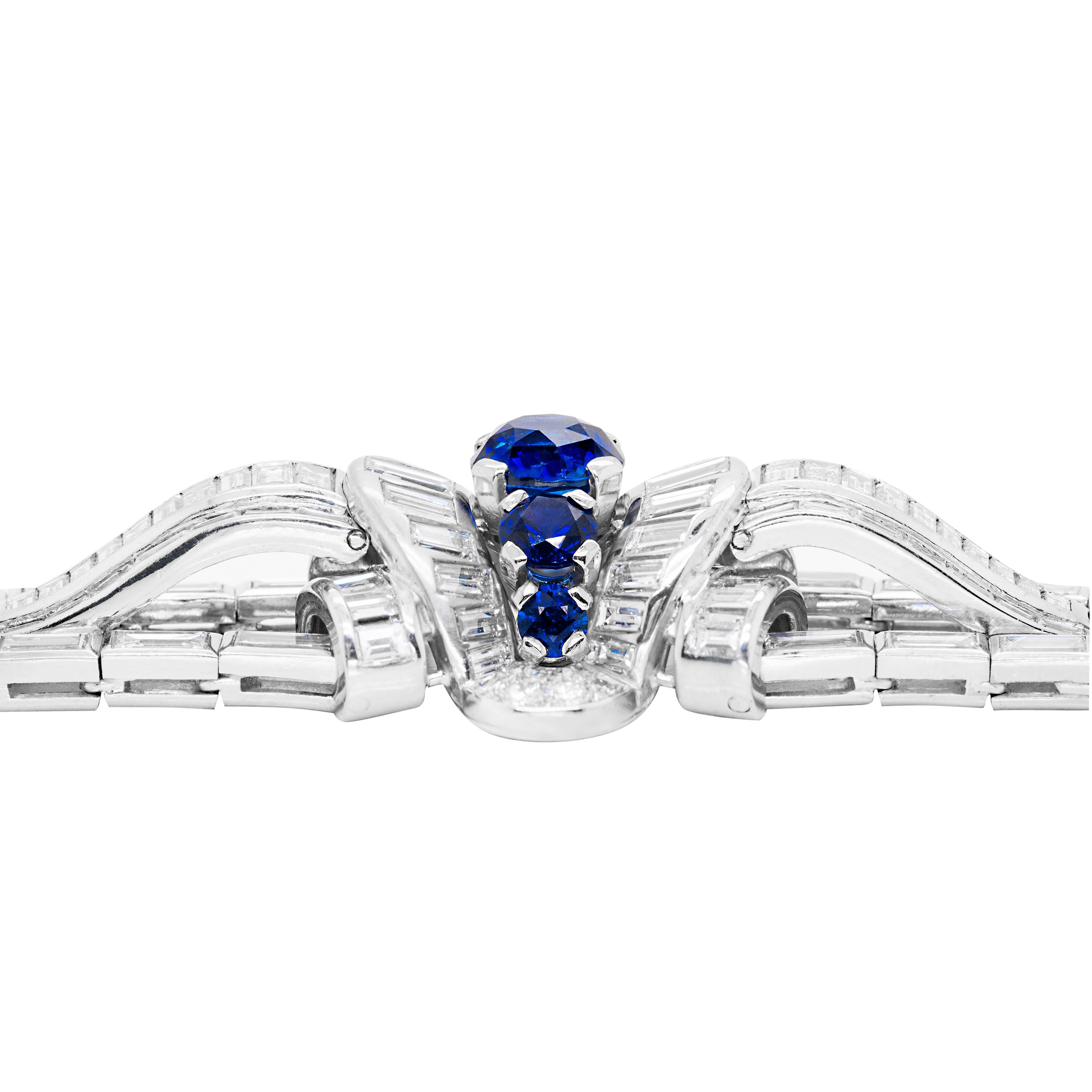 Round Cut Vintage Sapphire and Diamond Deco Style Platinum Bracelet, Circa 1950's For Sale