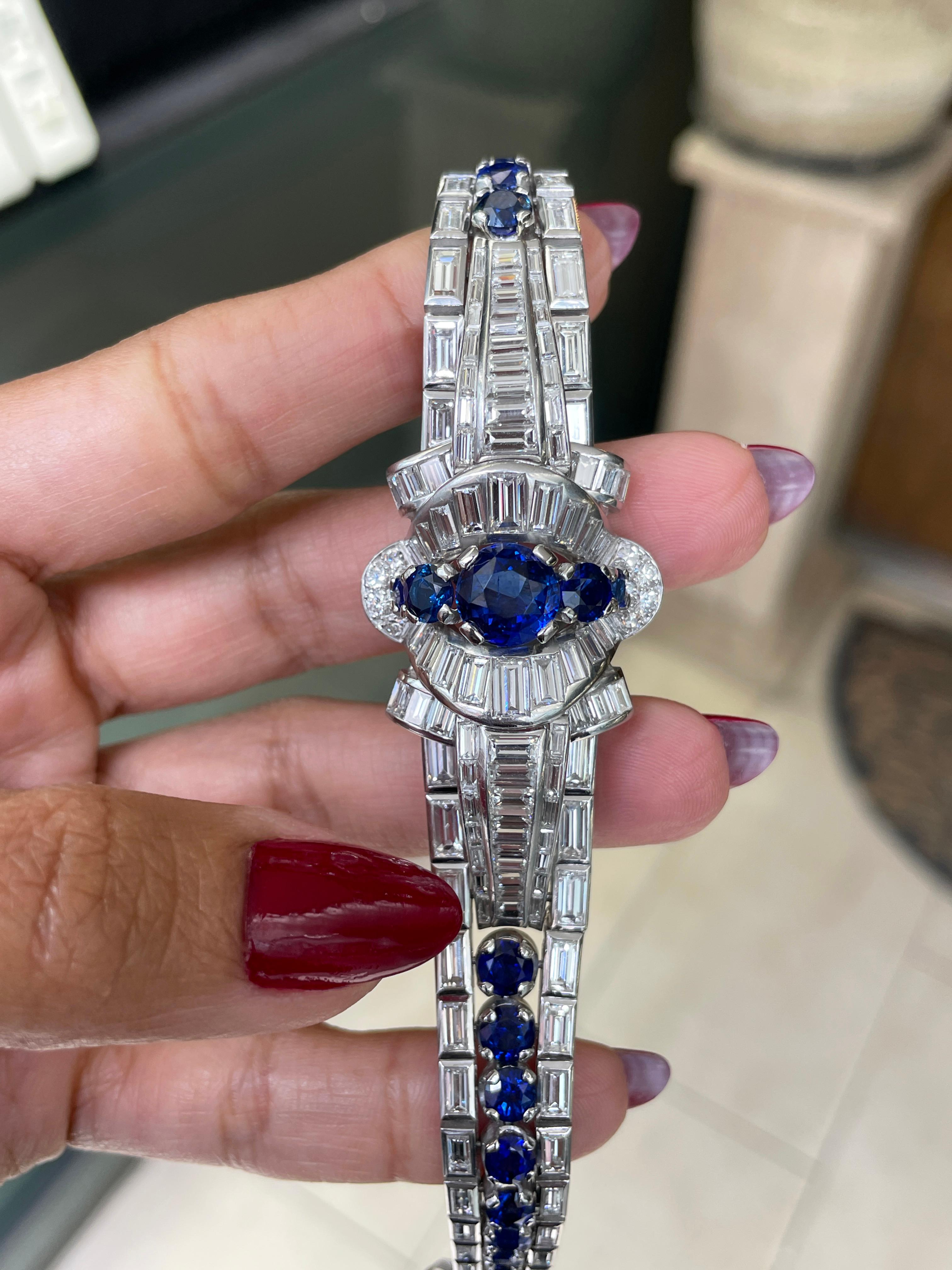 Vintage Sapphire and Diamond Deco Style Platinum Bracelet, Circa 1950's For Sale 1