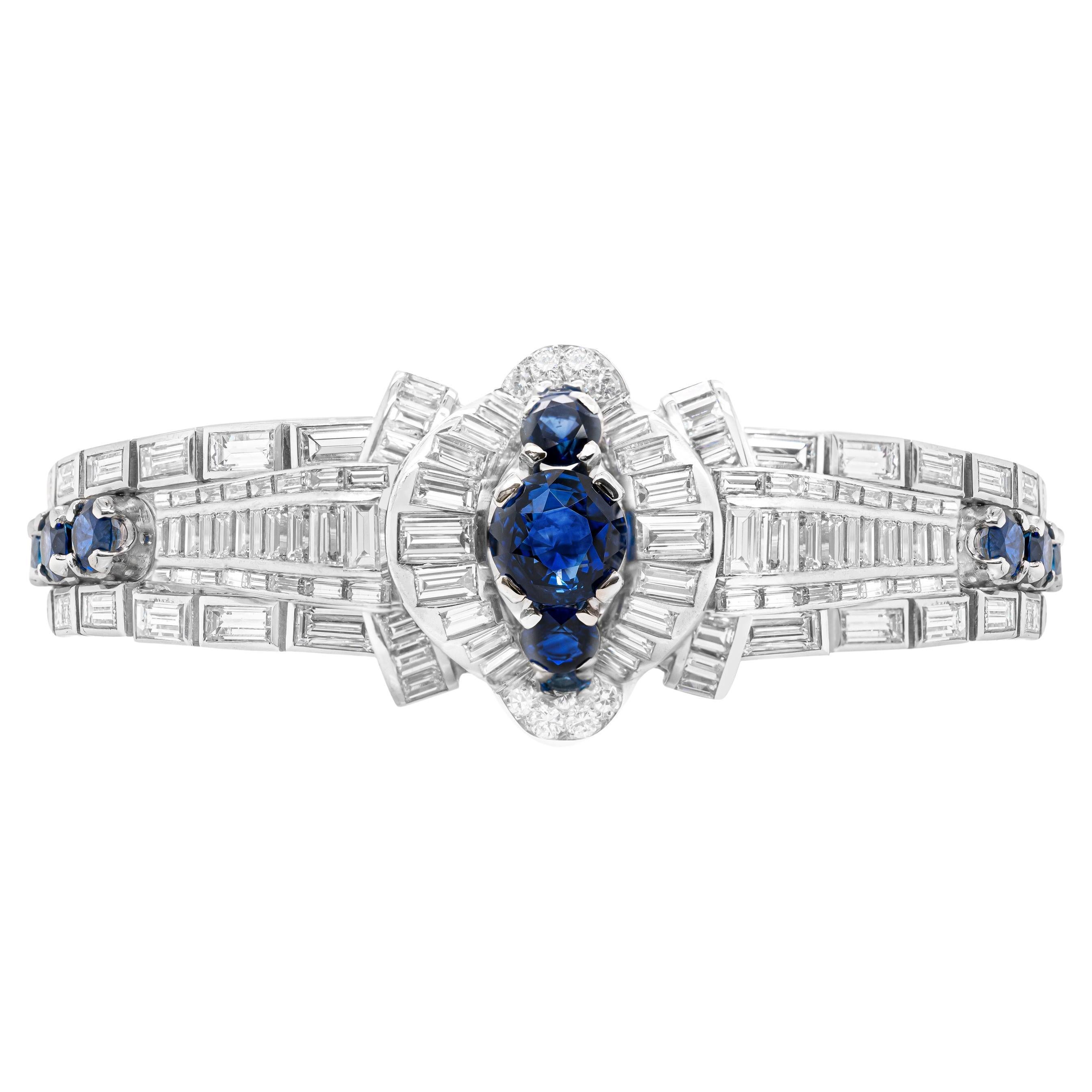 Vintage Sapphire and Diamond Deco Style Platinum Bracelet, Circa 1950's For Sale