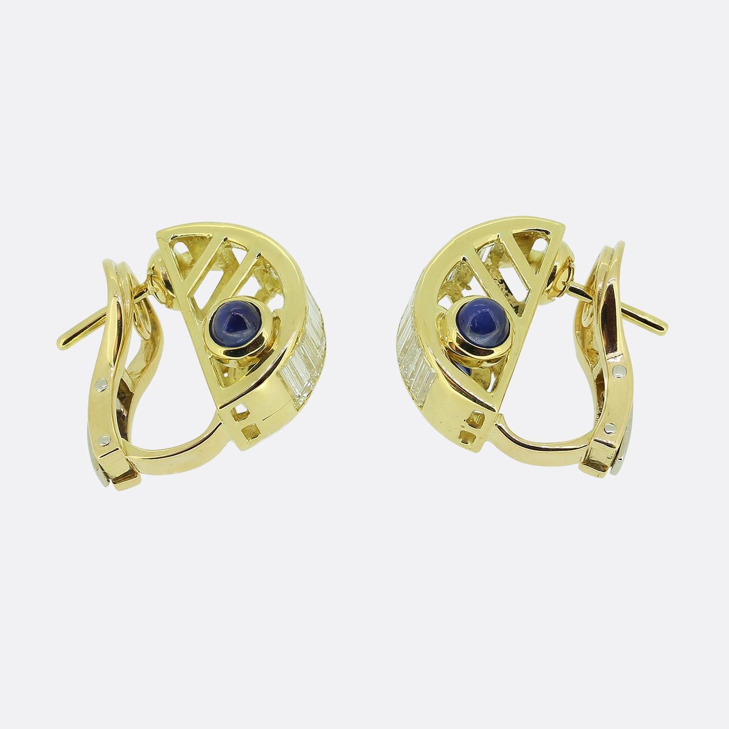 Baguette Cut Vintage Sapphire and Diamond Earrings For Sale