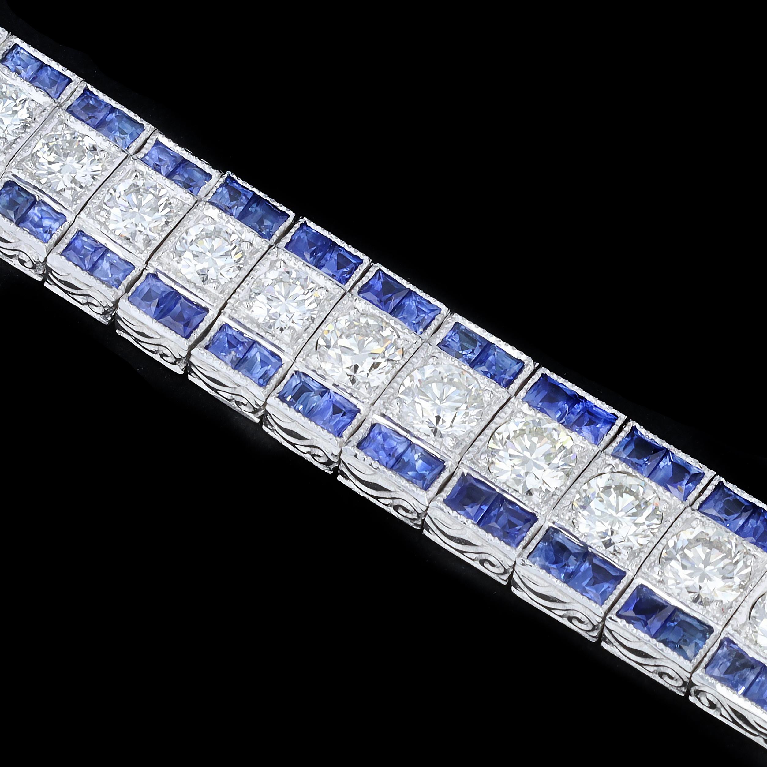 Symmetry and style make this sapphire and diamond 18K white gold estate bracelet a timeless treasure. This sparkling bracelet features 6.44ct of round cut diamond with 6.99ct square cut sapphires. It measures 7 1/4 inches in length and weighs 31.8