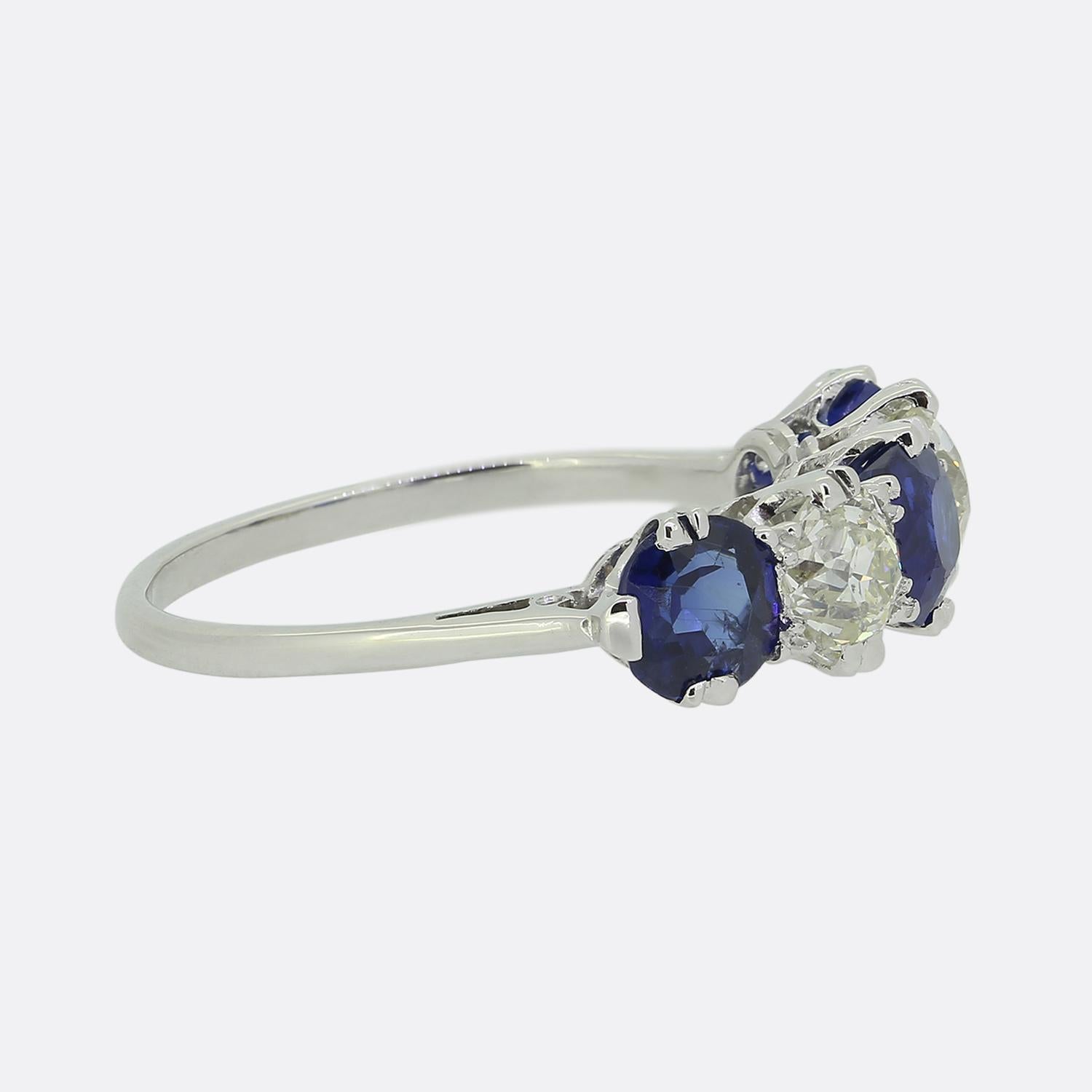 Old European Cut Vintage Sapphire and Diamond Five-Stone Ring For Sale