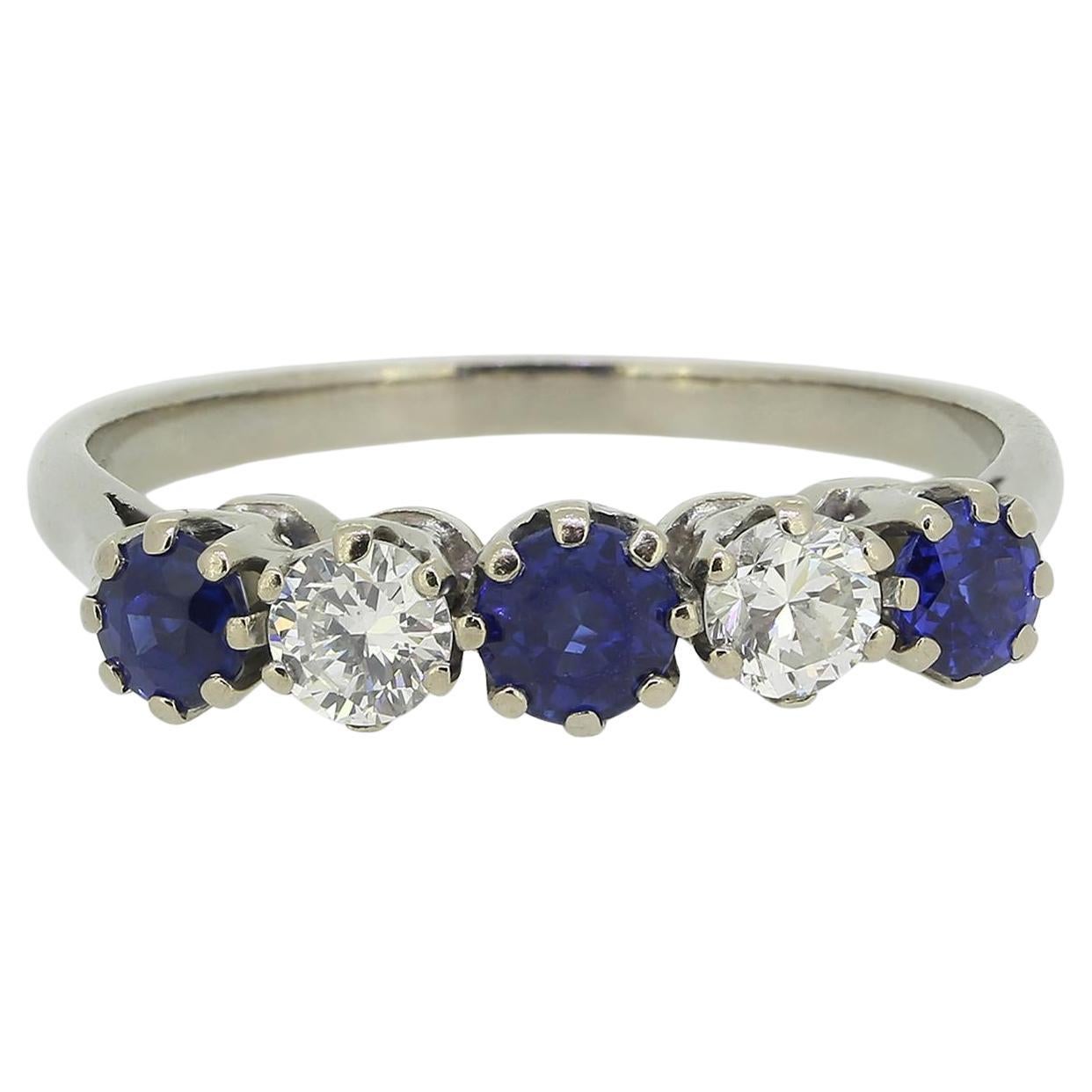 Vintage Sapphire and Diamond Five-Stone Ring For Sale