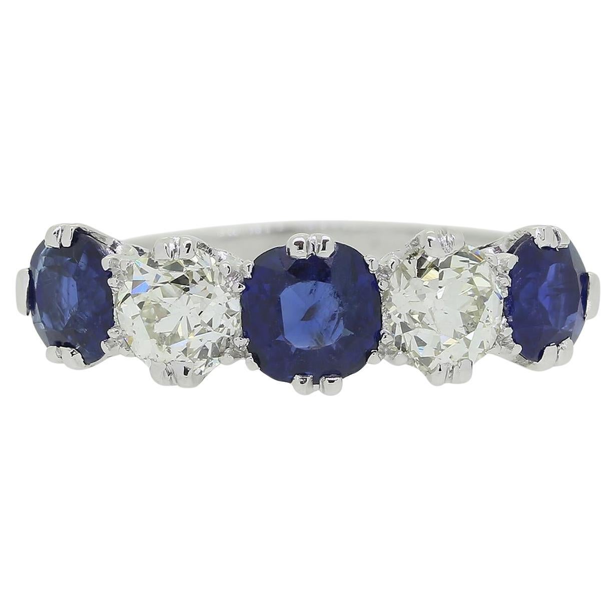 Vintage Sapphire and Diamond Five-Stone Ring For Sale