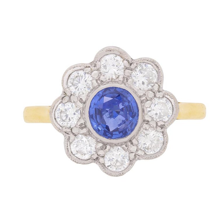 Vintage Sapphire and Diamond Flower Cluster Ring, circa 1970s For Sale