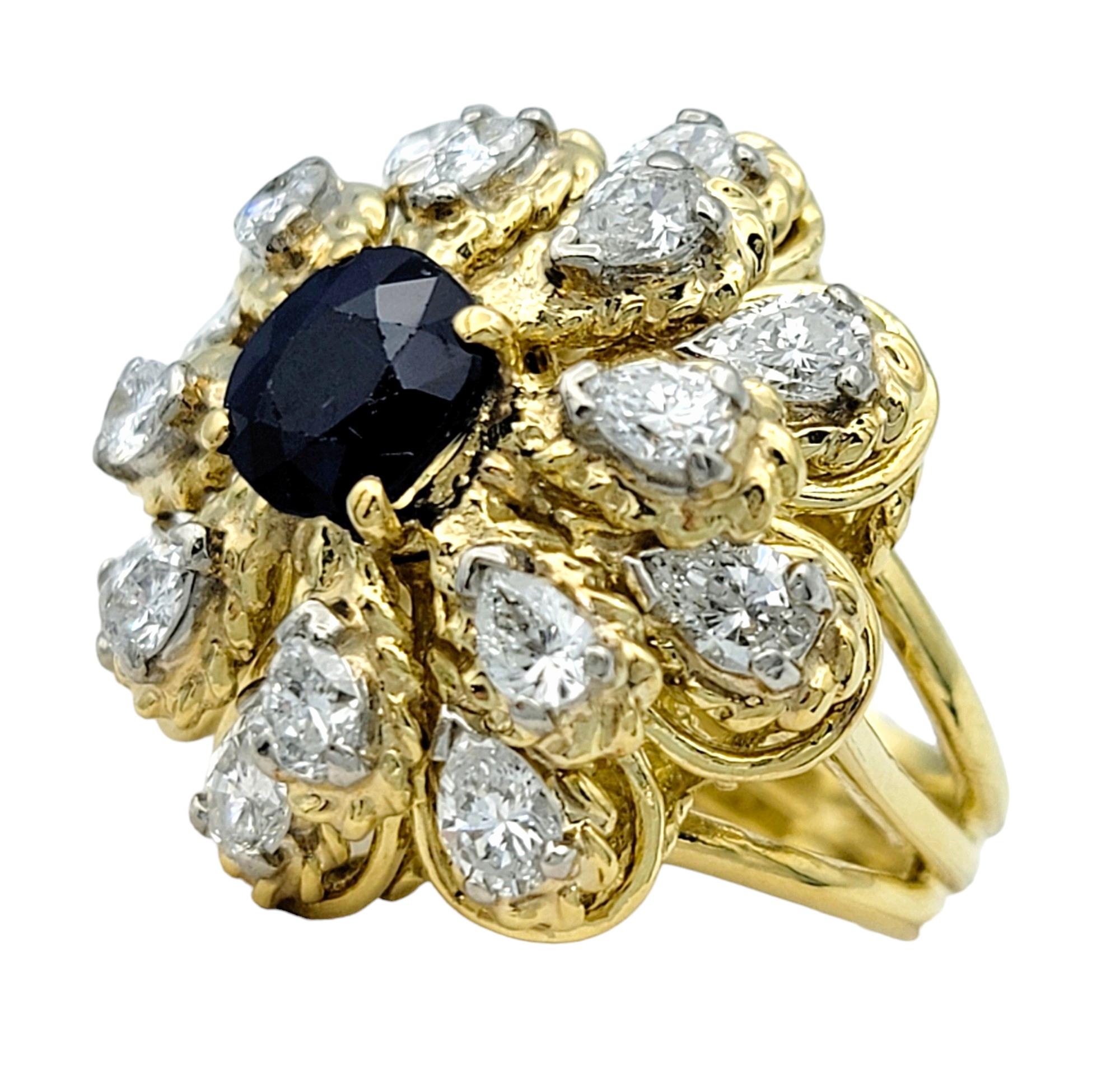 Contemporary Vintage Sapphire and Diamond Flower Design Dome Ring Set in 18 Karat Yellow Gold For Sale