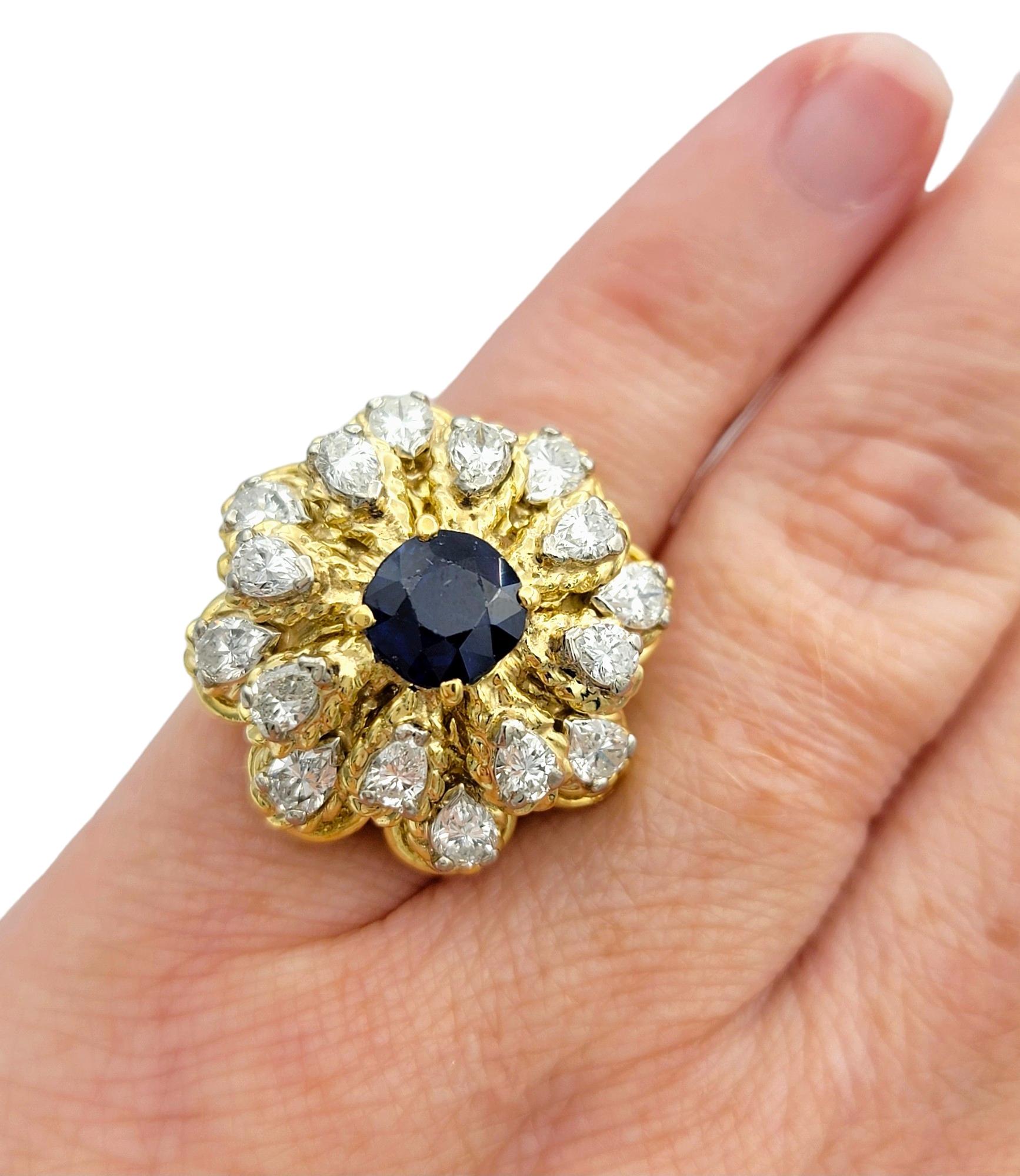 Women's Vintage Sapphire and Diamond Flower Design Dome Ring Set in 18 Karat Yellow Gold For Sale