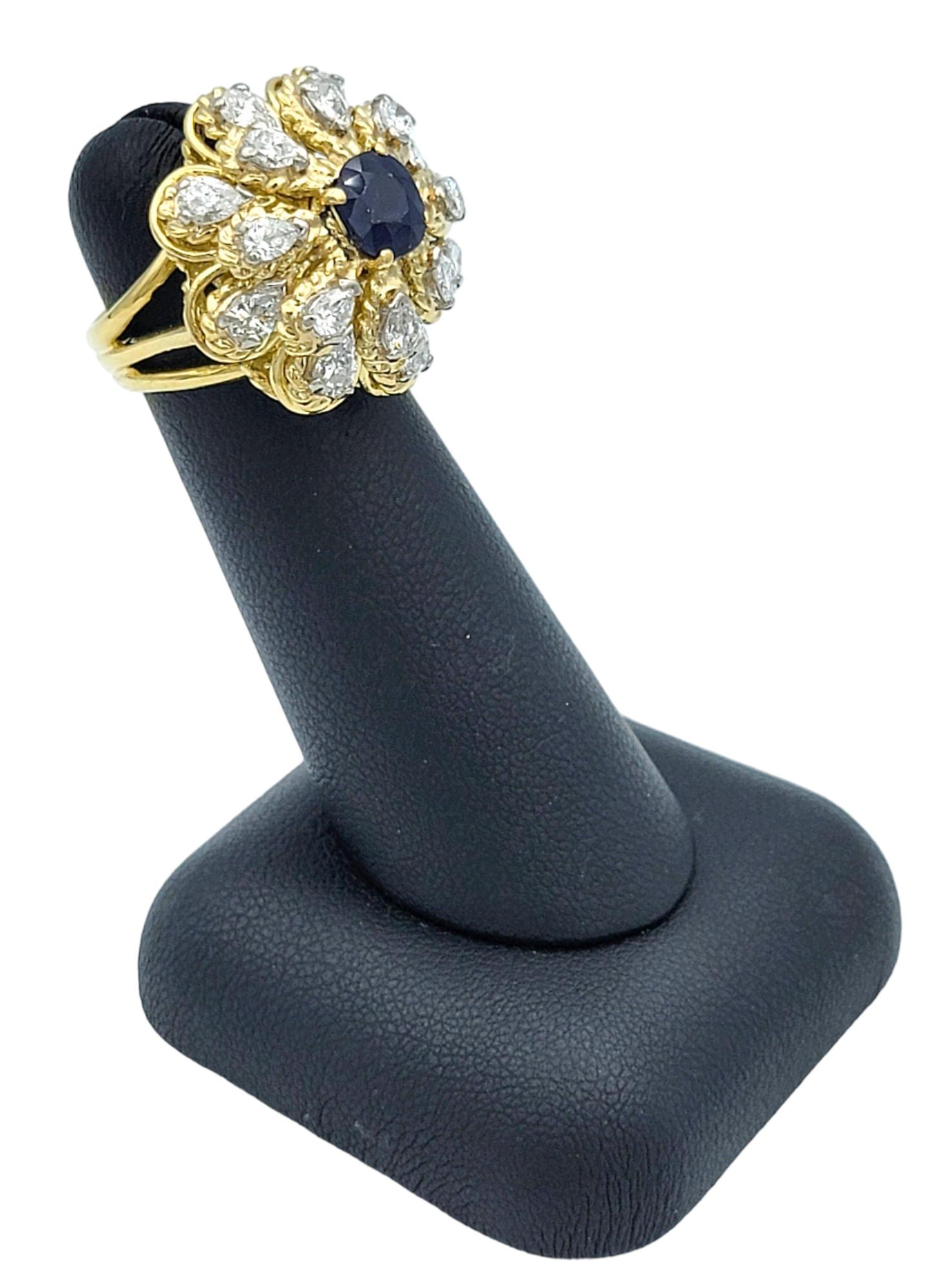 Vintage Sapphire and Diamond Flower Design Dome Ring Set in 18 Karat Yellow Gold For Sale 2