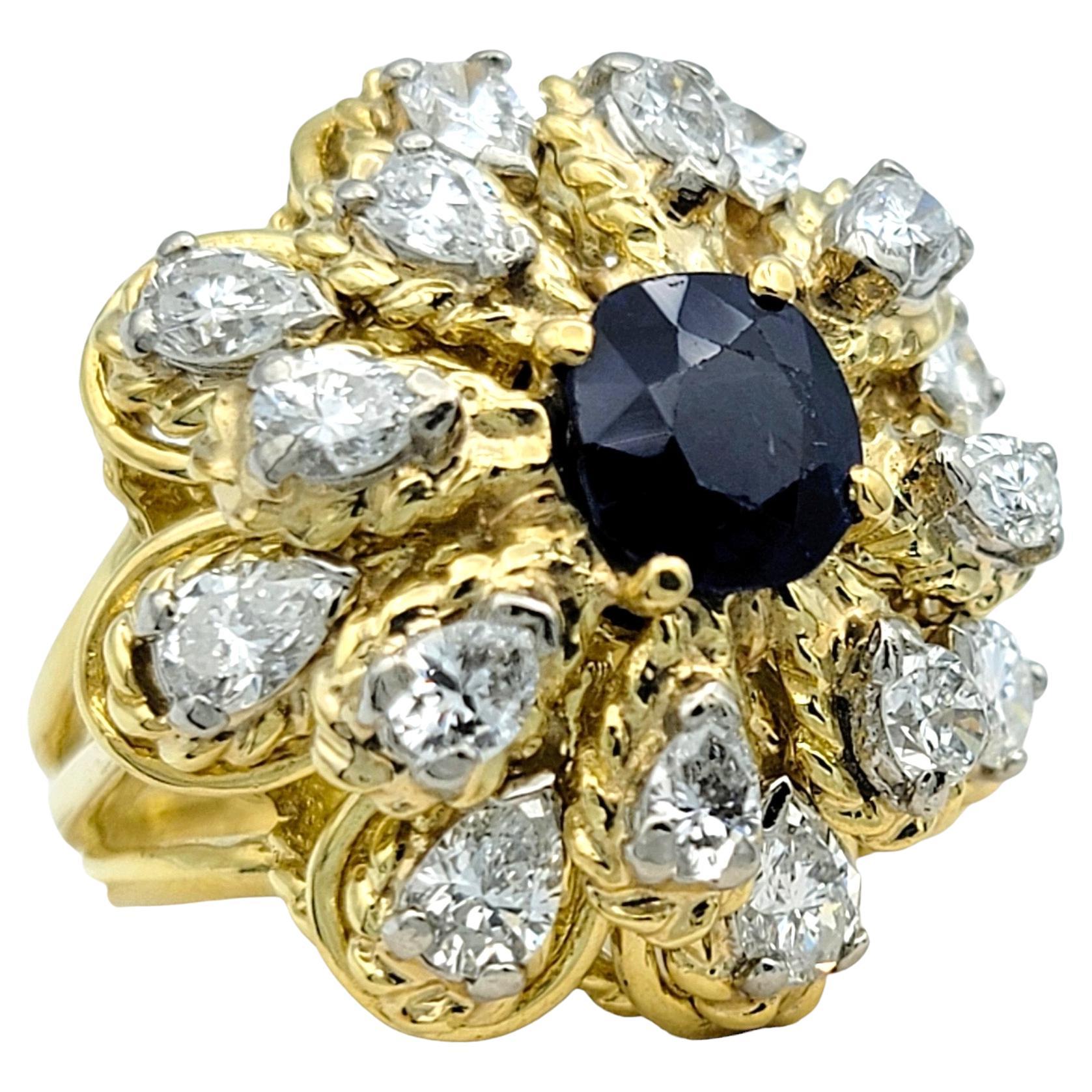 Vintage Sapphire and Diamond Flower Design Dome Ring Set in 18 Karat Yellow Gold For Sale