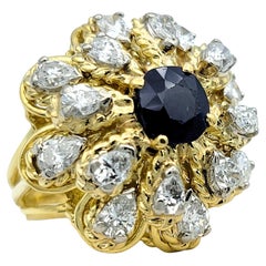Retro Sapphire and Diamond Flower Design Dome Ring Set in 18 Karat Yellow Gold