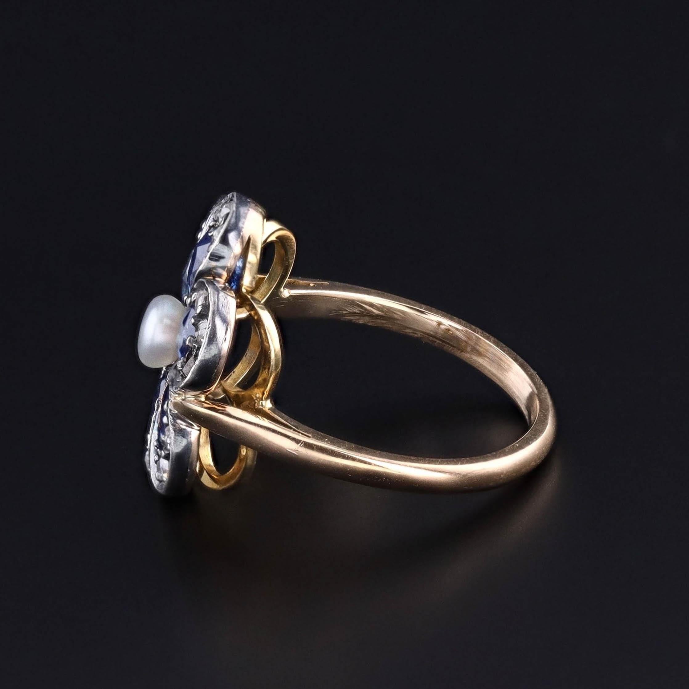 Taglio a rosa Anello a fiore con zaffiro e diamante d'epoca in argento e oro 15 ct. in vendita