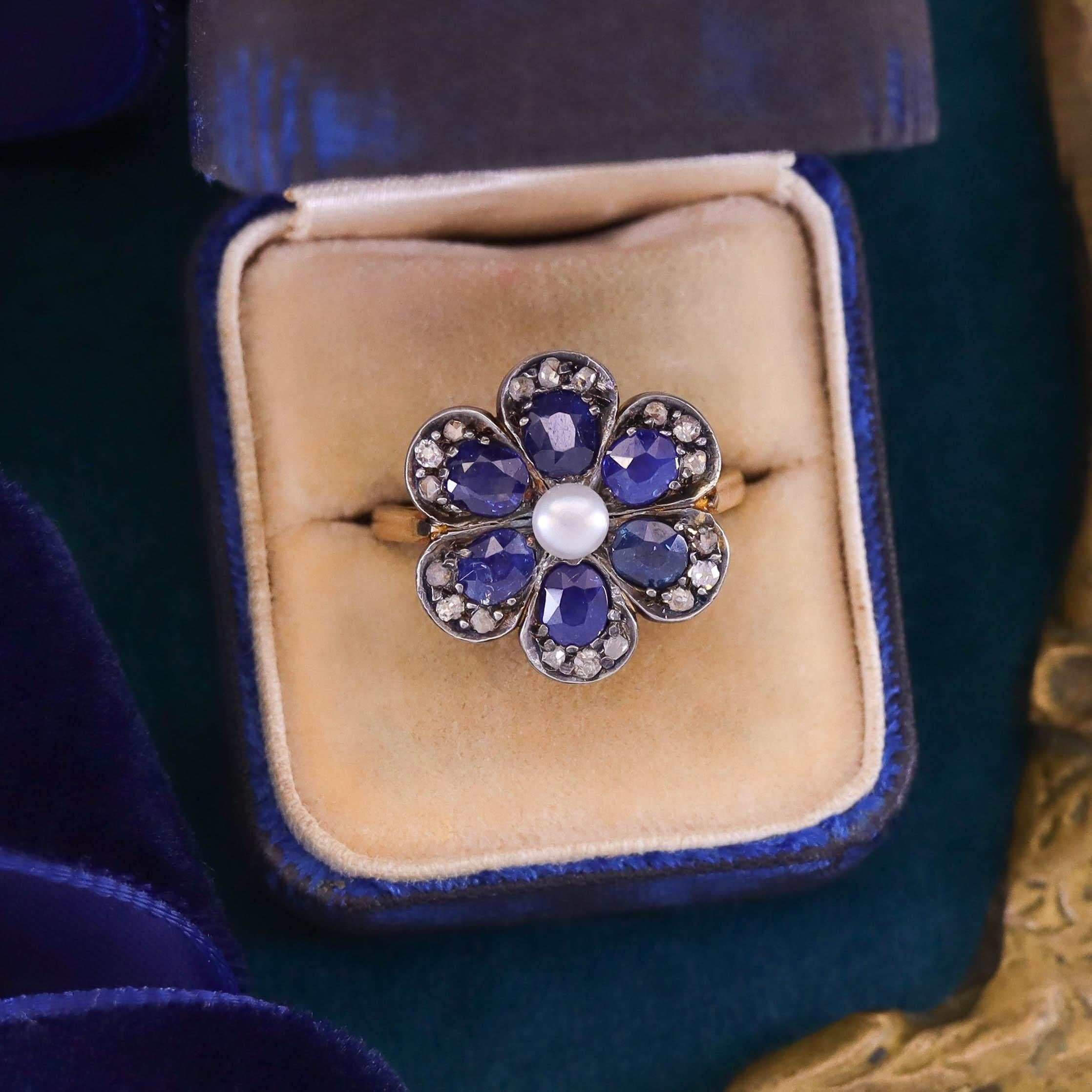 Bague fleur vintage en saphir et diamant en argent et or 15ct en vente 1