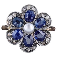 Vintage Sapphire and Diamond Flower Ring of Silver Topped 15ct Gold