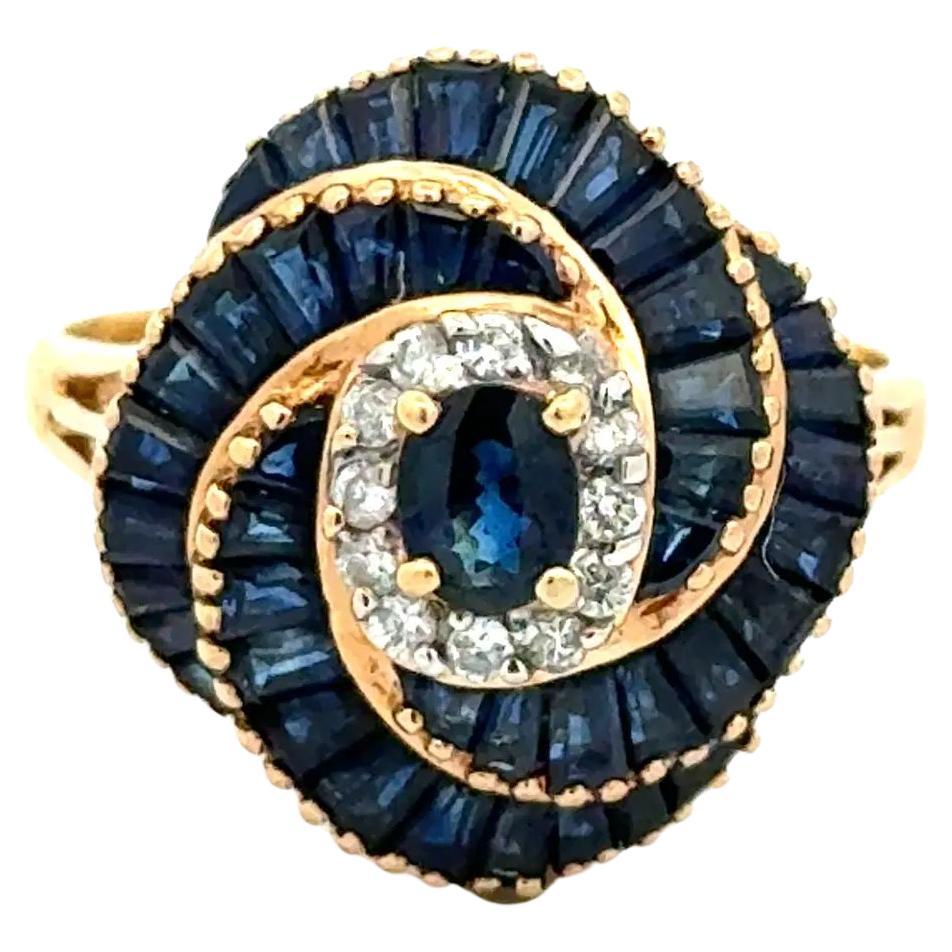 Vintage Sapphire and Diamond Gold Swirl Dome Ring For Sale