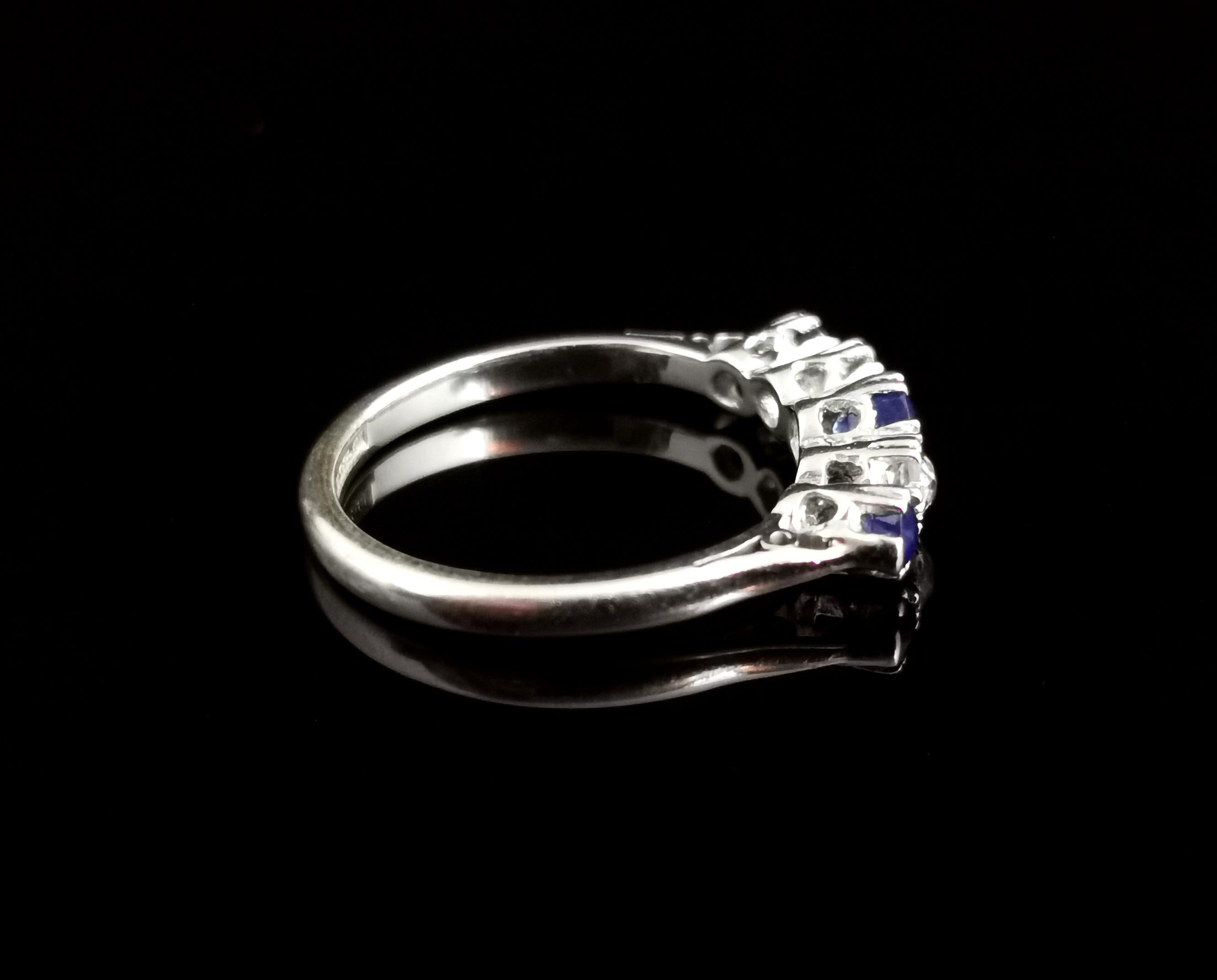 Vintage Sapphire and Diamond Half Hoop Ring, 18k White Gold and Platinum 8