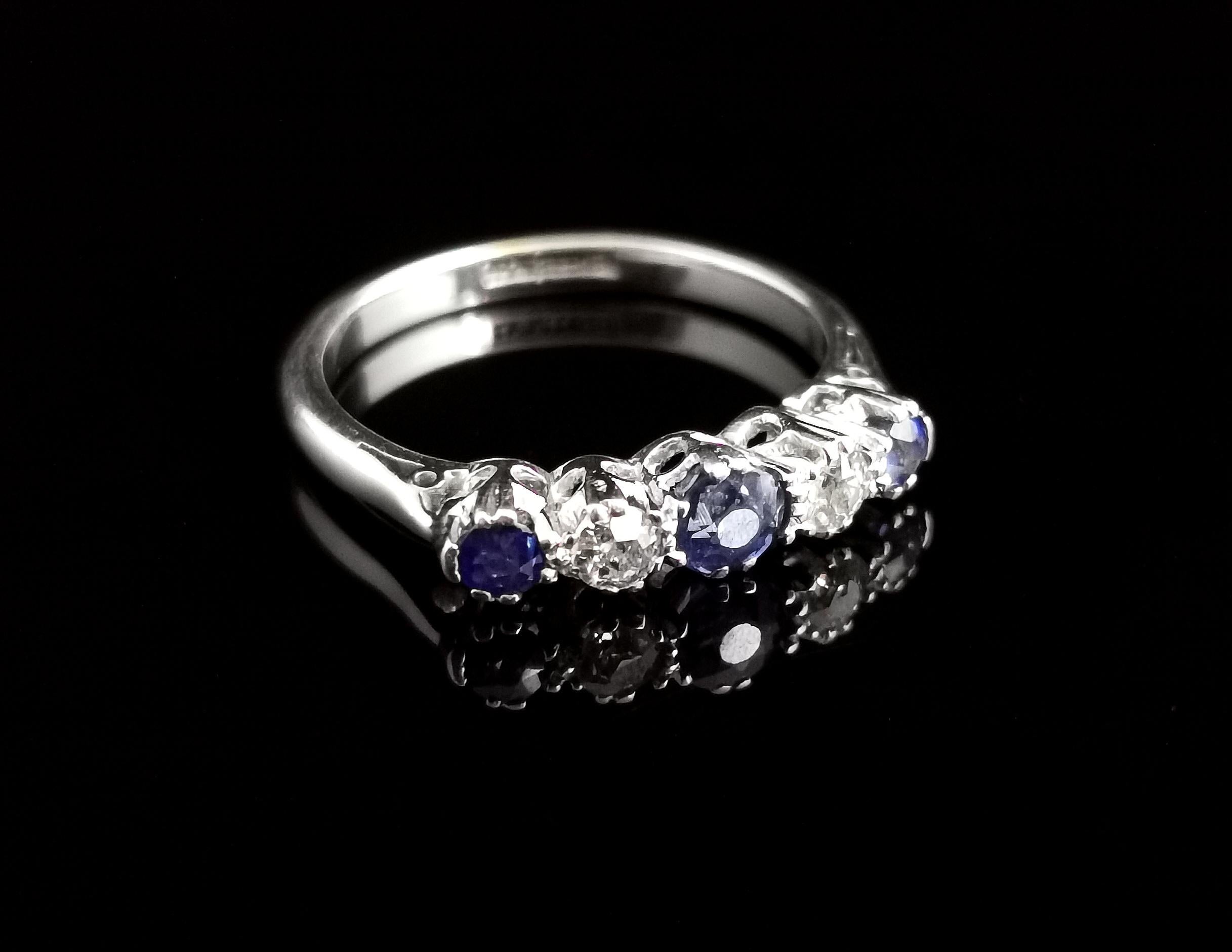Vintage Sapphire and Diamond Half Hoop Ring, 18k White Gold and Platinum 9