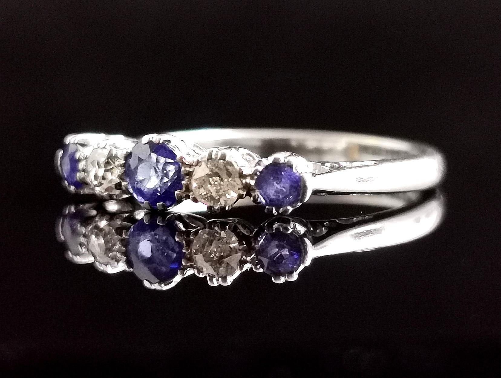 Round Cut Vintage Sapphire and Diamond Half Hoop Ring, 18k White Gold and Platinum