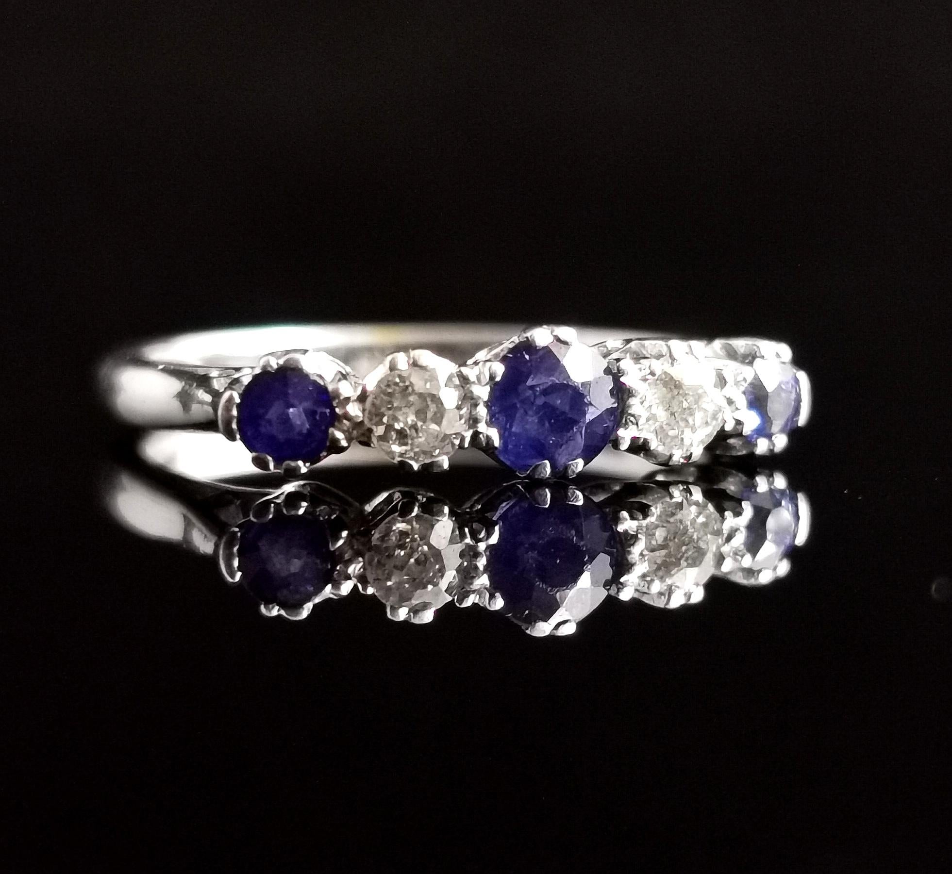 Vintage Sapphire and Diamond Half Hoop Ring, 18k White Gold and Platinum In Good Condition In NEWARK, GB