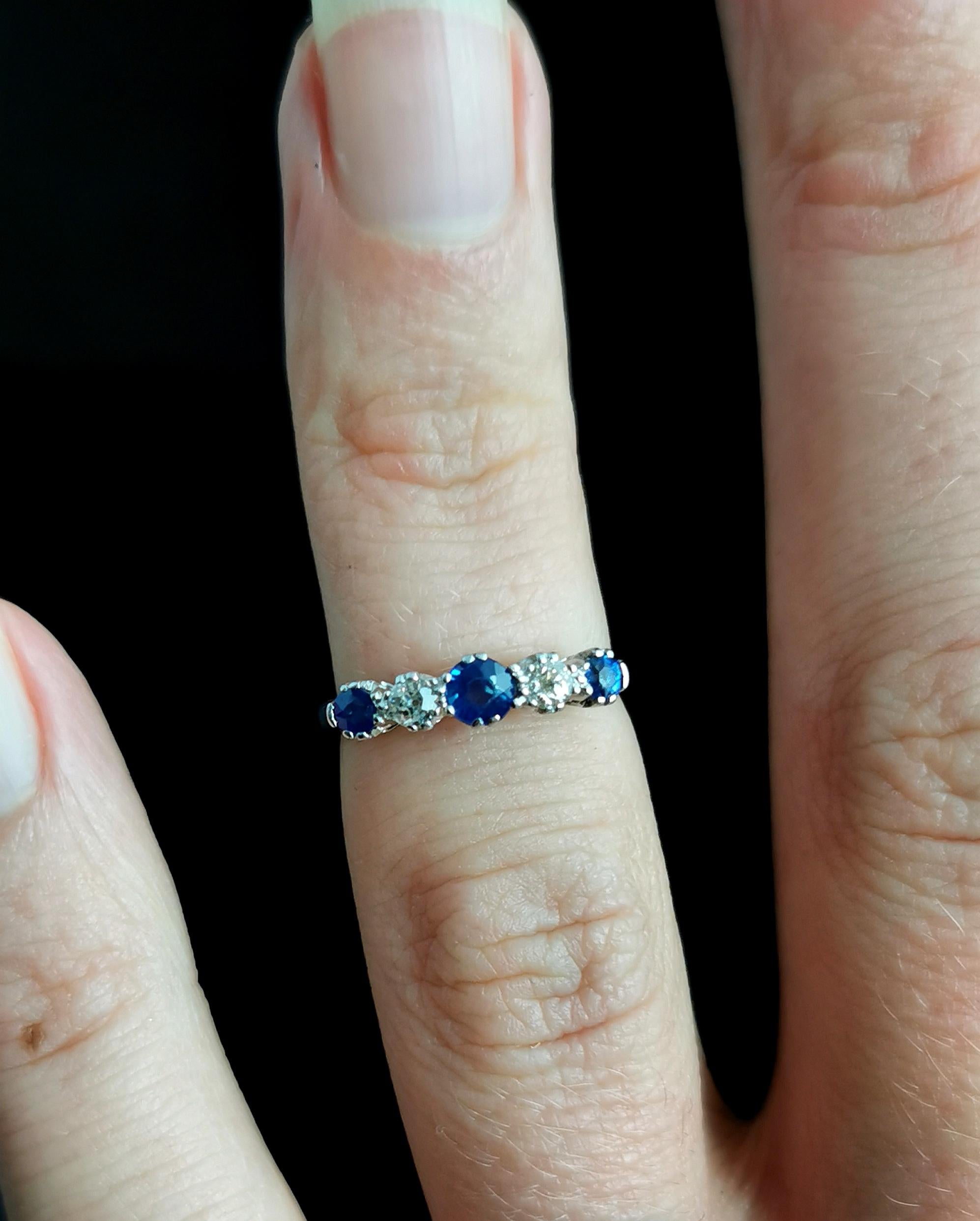 Women's Vintage Sapphire and Diamond Half Hoop Ring, 18k White Gold and Platinum