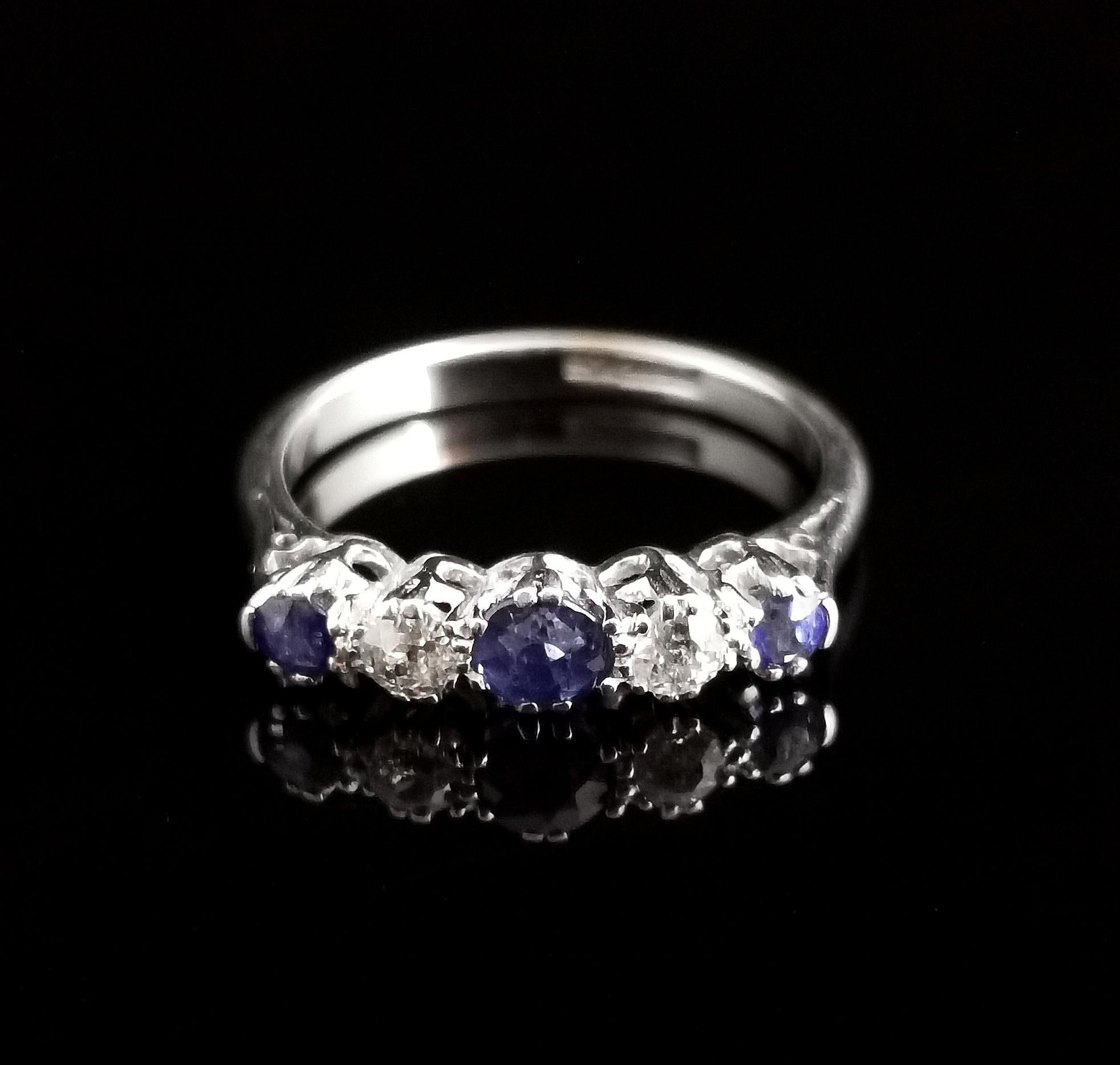 Vintage Sapphire and Diamond Half Hoop Ring, 18k White Gold and Platinum 3