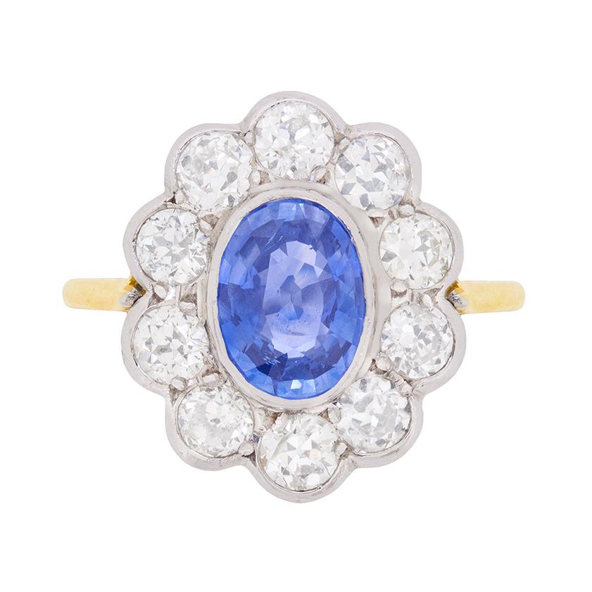 Vintage Sapphire and Diamond Halo Ring, circa 1960s