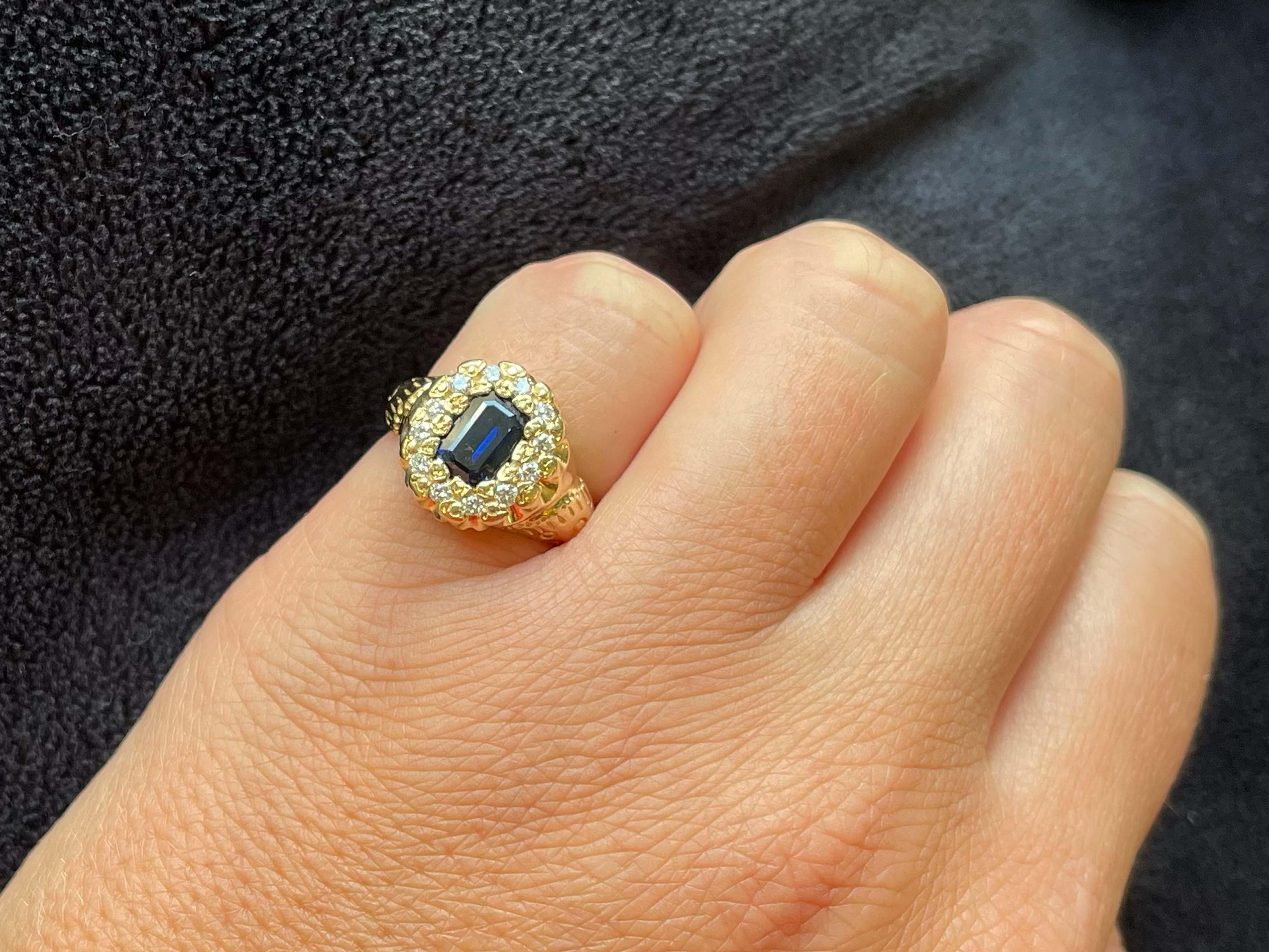 Item Specifications:

Metal: 14k Yellow Gold

Diamond Count: 12 diamonds

Diamond Carat Weight: 0.24

Diamond Color: G

Diamond Clarity: VS2-SI1
​
​Sapphire Measurements: 7.41 mm x 5.56 mm x 3.17 mm

Sapphire Carat Weight: ~1.33

Sapphire Count: 1