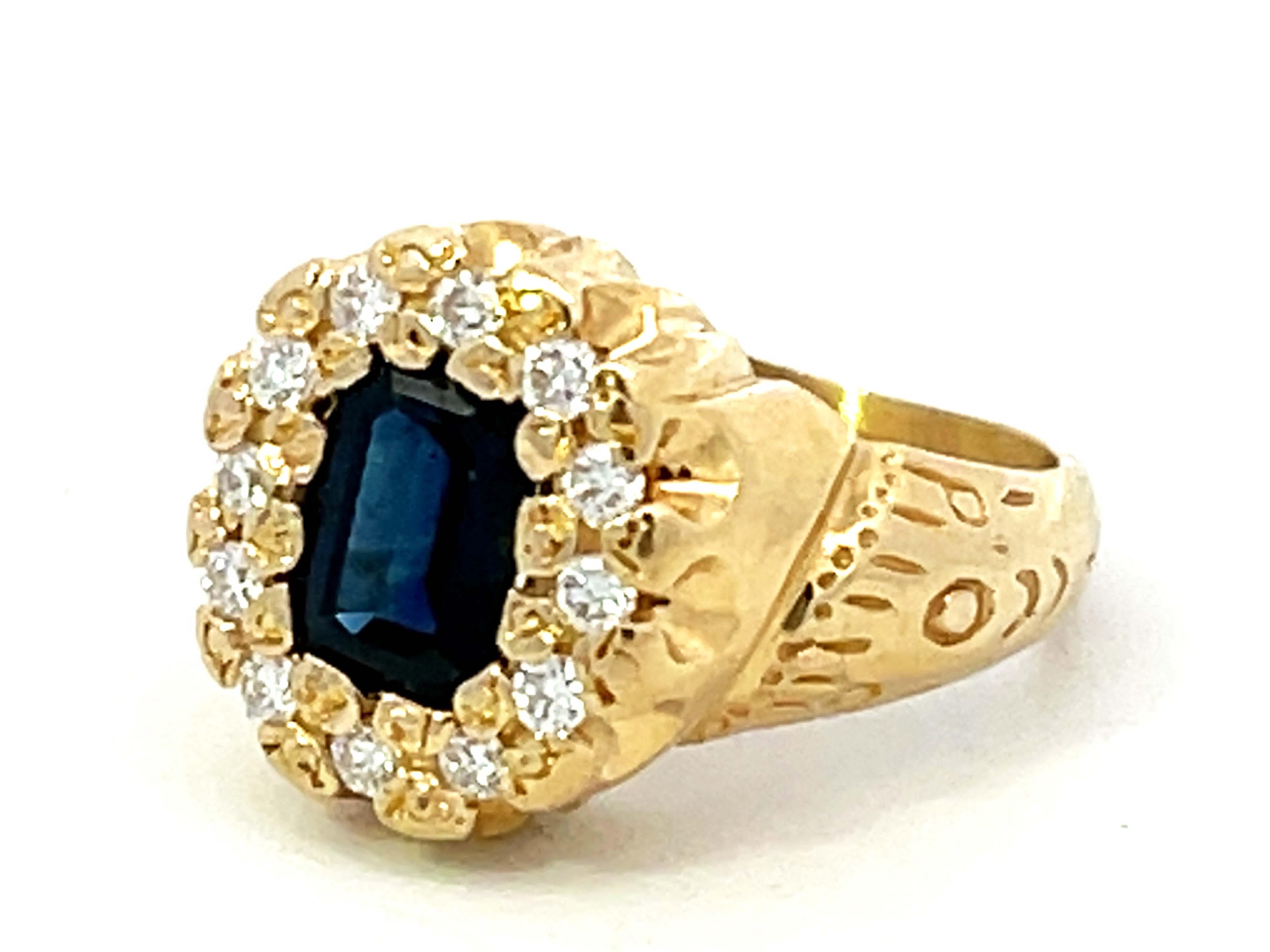 Emerald Cut Vintage Sapphire and Diamond Halo Ring in 14k Yellow Gold For Sale