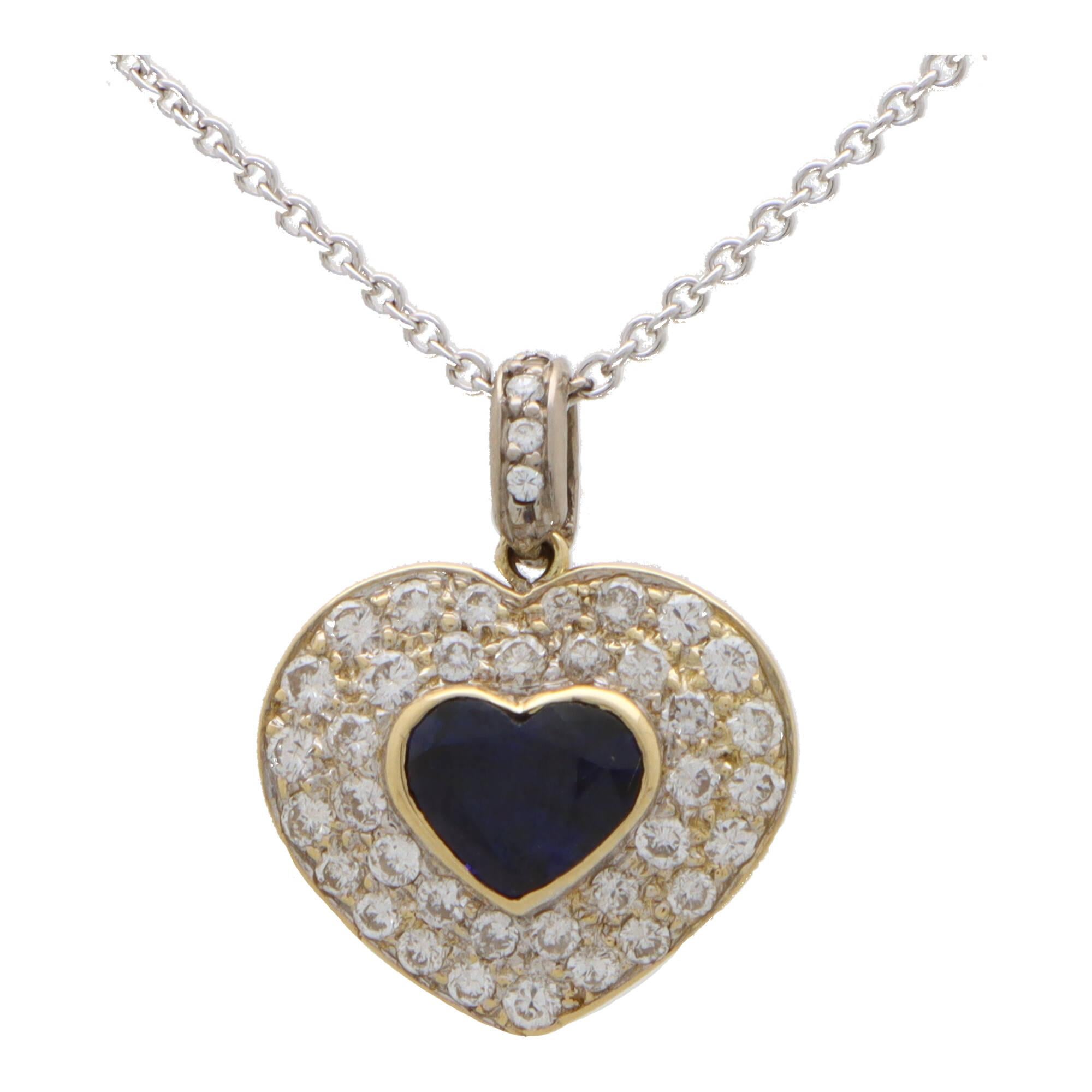 Retro Vintage Sapphire and Diamond Heart Pendant in 18k Yellow and White Gold For Sale