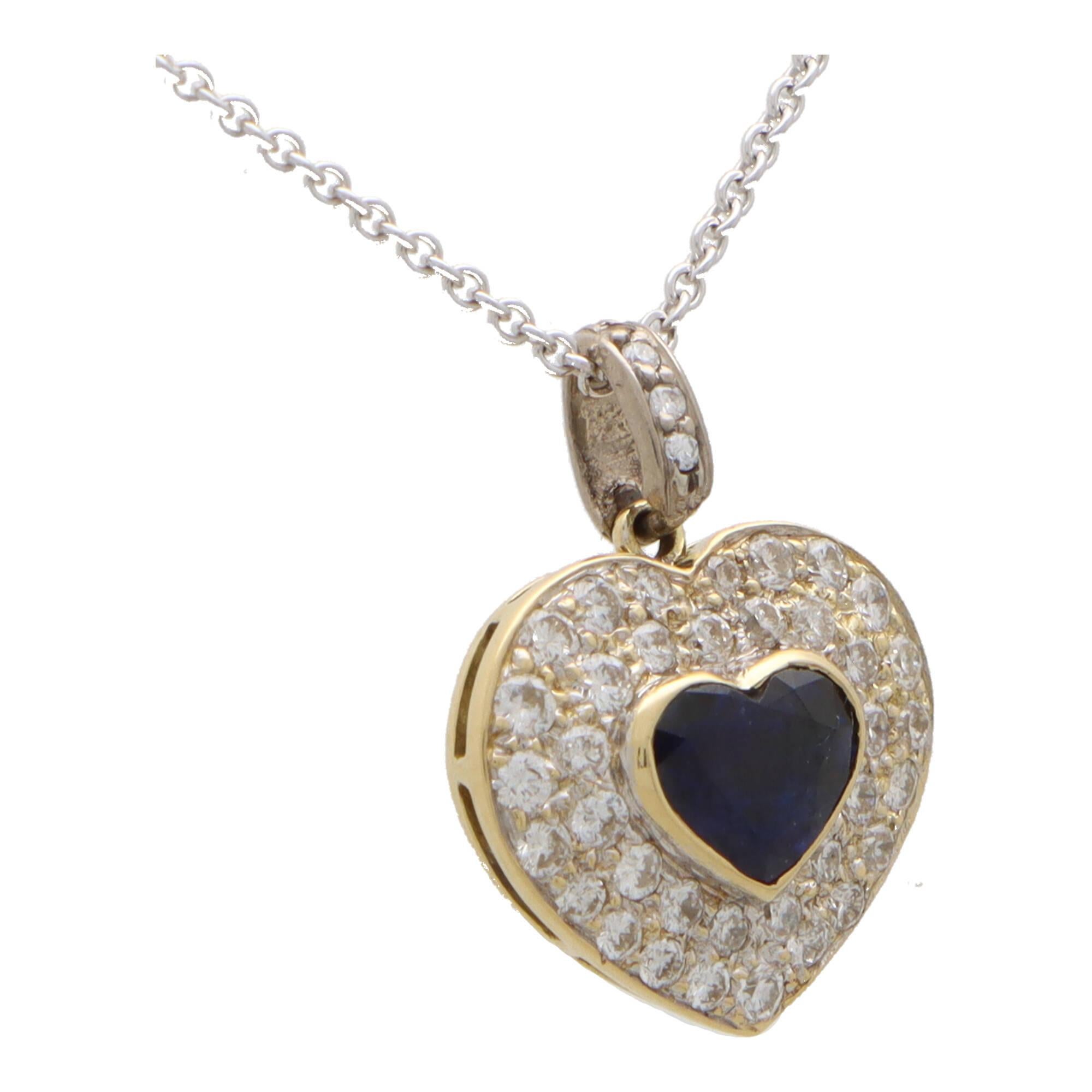 Heart Cut Vintage Sapphire and Diamond Heart Pendant in 18k Yellow and White Gold For Sale