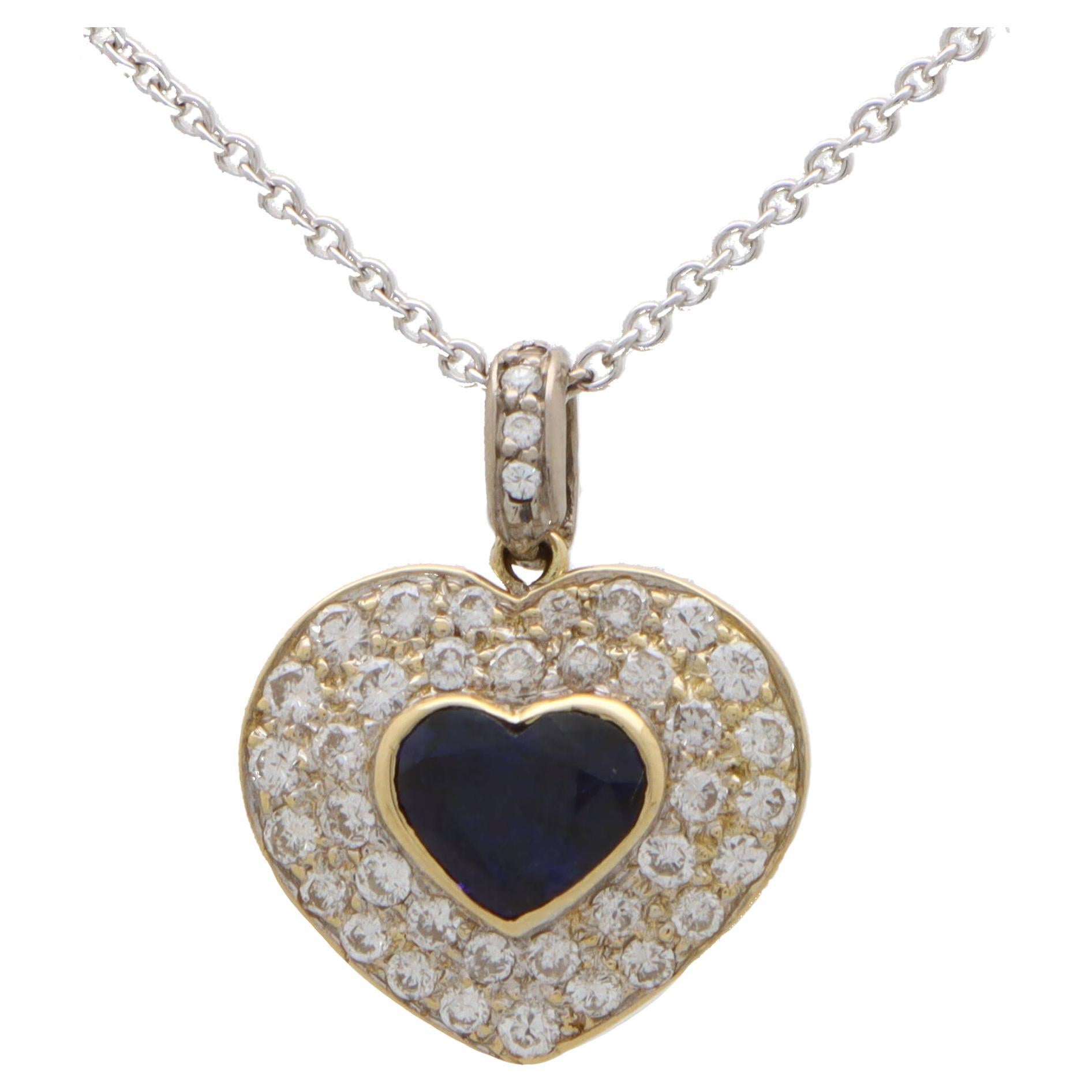 Vintage Sapphire and Diamond Heart Pendant in 18k Yellow and White Gold For Sale