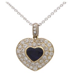 Vintage Sapphire and Diamond Heart Pendant in 18k Yellow and White Gold