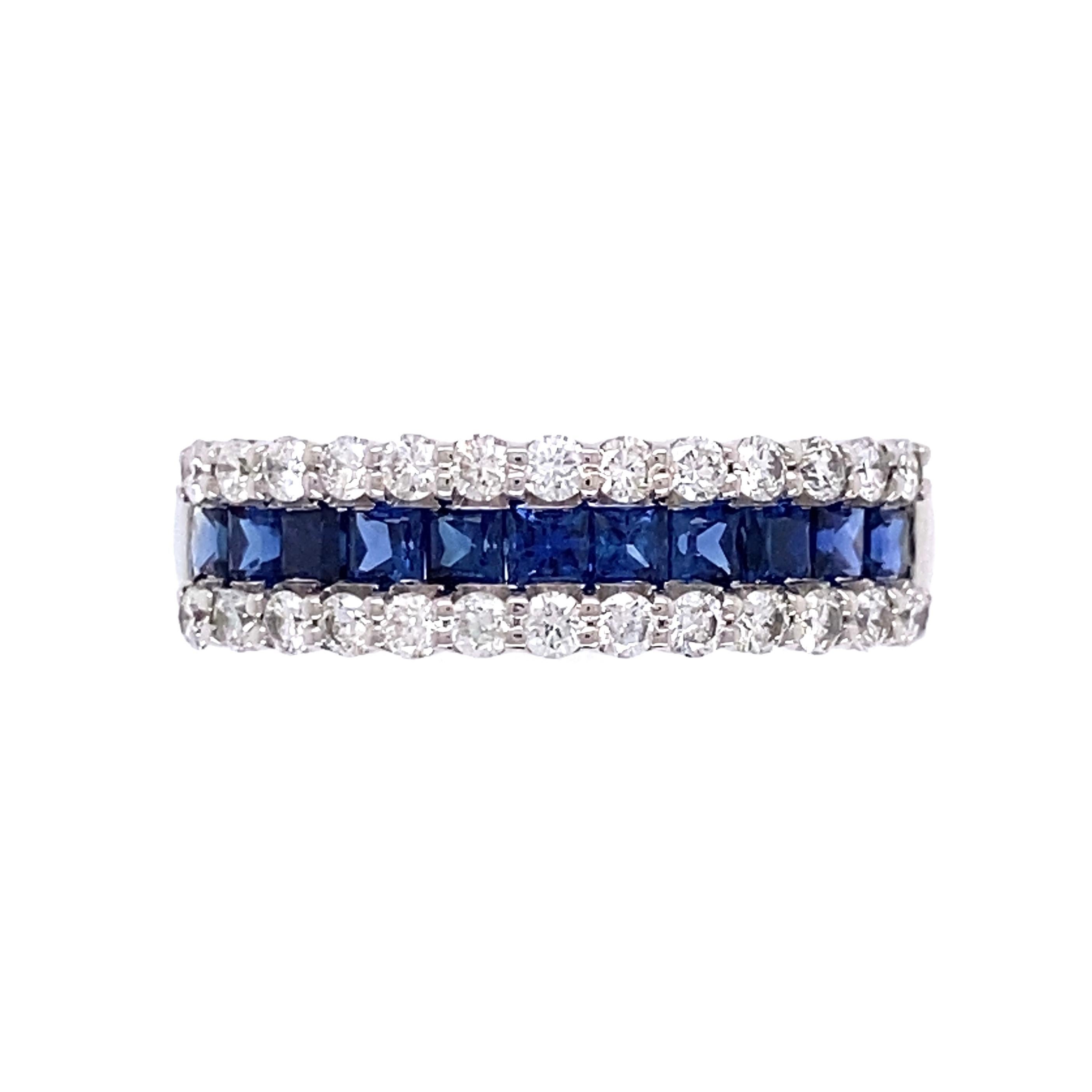 Simply Beautiful! Platinum Band Cocktail Ring, securely set with Fine high-quality Sapphires, weighing approx. 0.71tcw and Diamonds weighing approx. 0.42tcw. Hand crafted in Platinum. Measuring approx. 5.54mm. Ring size 6, we offer ring resizing.