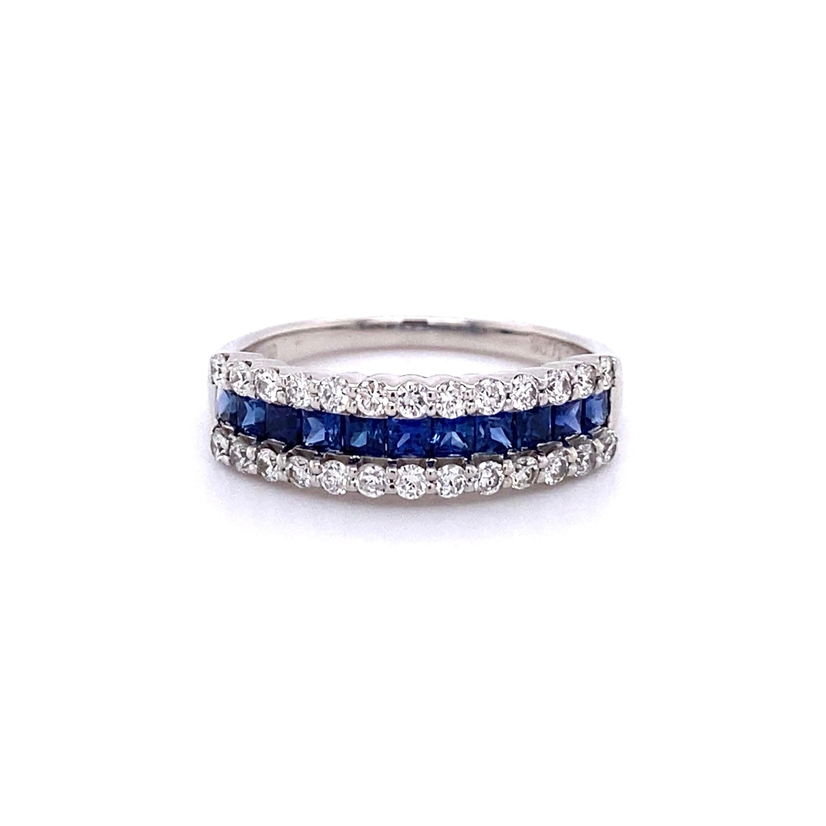 Mixed Cut Vintage Sapphire and Diamond Platinum Band Cocktail Ring Estate Fine Jewelry For Sale