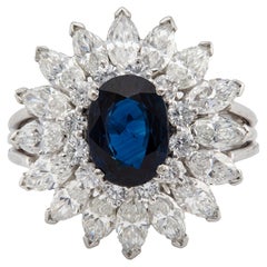 Vintage Sapphire and Diamond Platinum Cluster Cocktail Ring