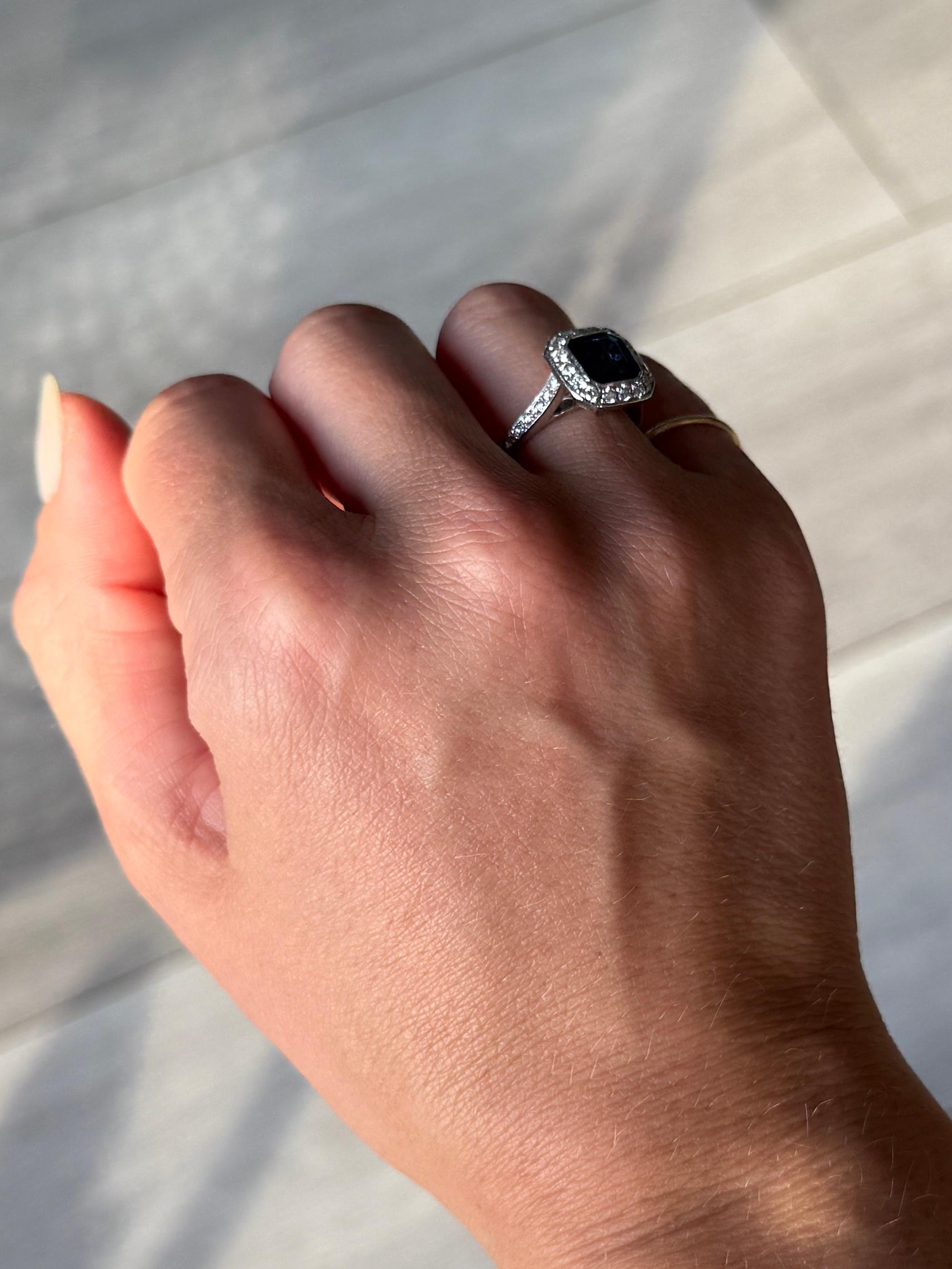 Emerald Cut Vintage Sapphire and Diamond Platinum Cluster Panel Ring For Sale
