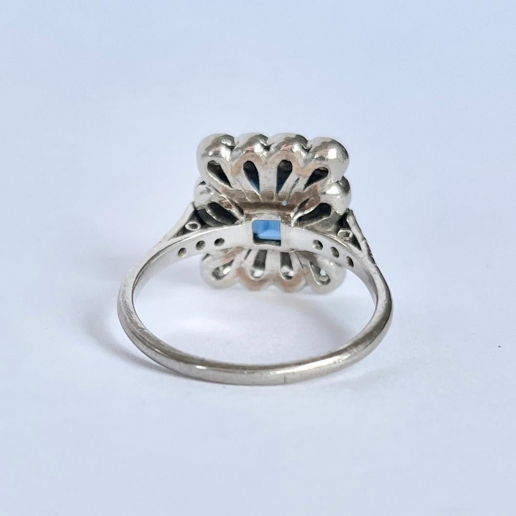 Vintage Sapphire and Diamond Platinum Cluster Panel Ring In Good Condition For Sale In Chipping Campden, GB