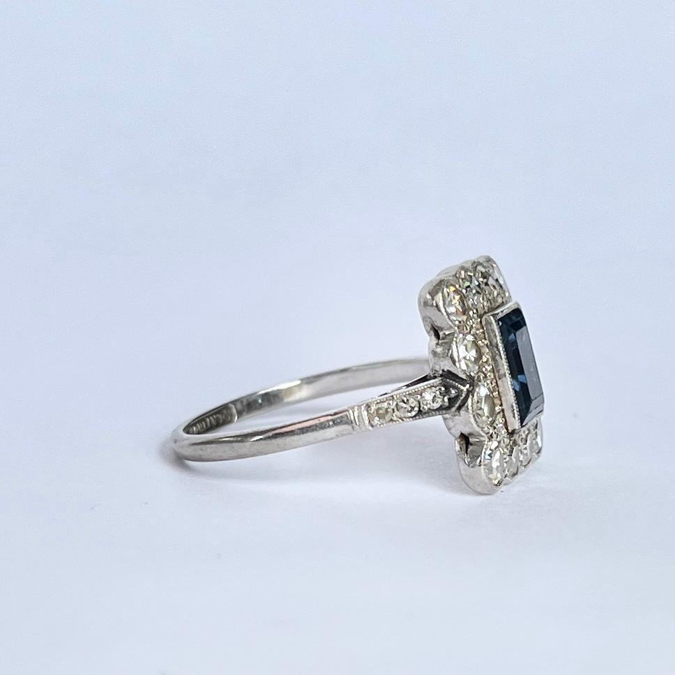 Women's Vintage Sapphire and Diamond Platinum Cluster Panel Ring For Sale