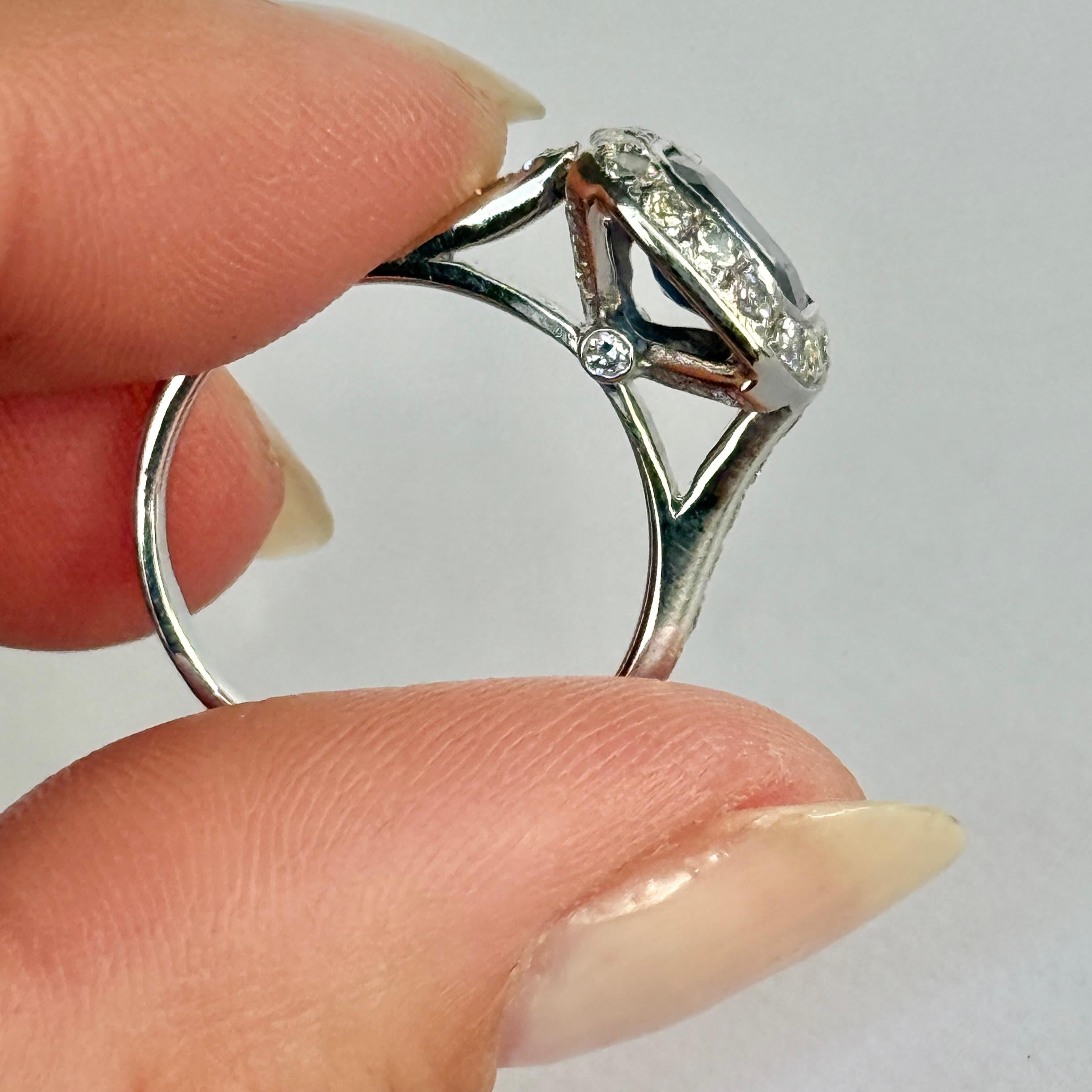 Women's Vintage Sapphire and Diamond Platinum Cluster Panel Ring For Sale