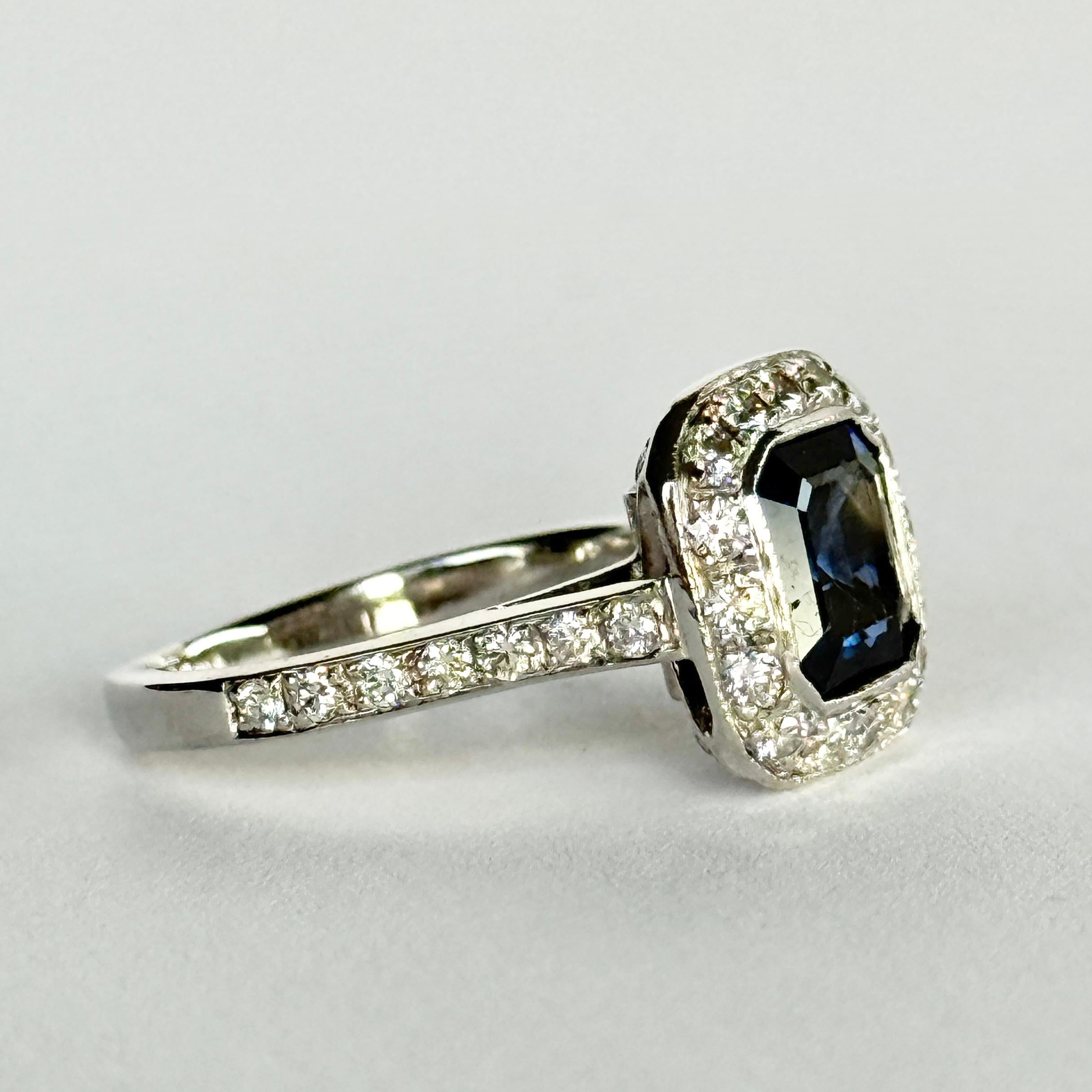 Vintage Sapphire and Diamond Platinum Cluster Panel Ring For Sale 2
