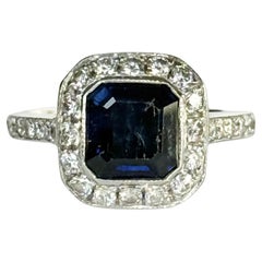 Vintage Sapphire and Diamond Platinum Cluster Panel Ring