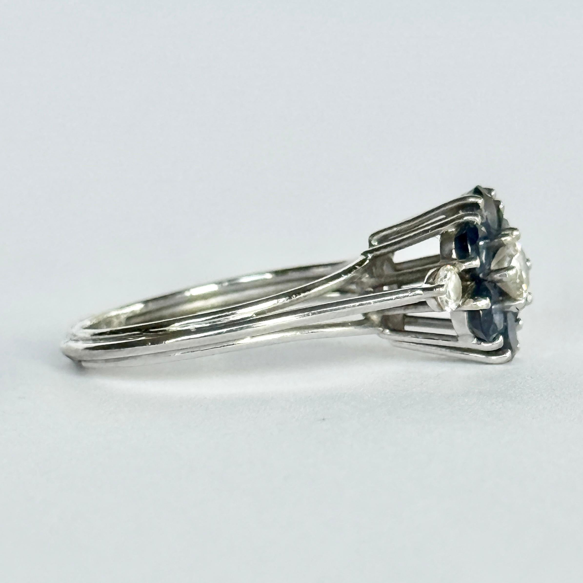 Round Cut Vintage Sapphire and Diamond Platinum Cluster Ring For Sale