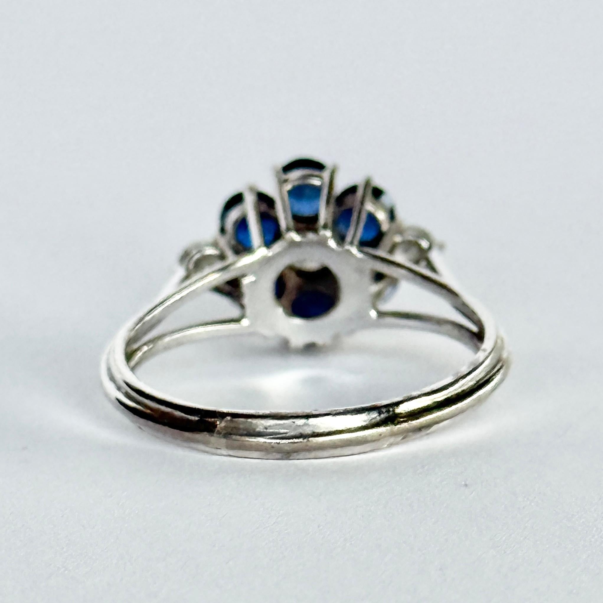 Women's or Men's Vintage Sapphire and Diamond Platinum Cluster Ring For Sale