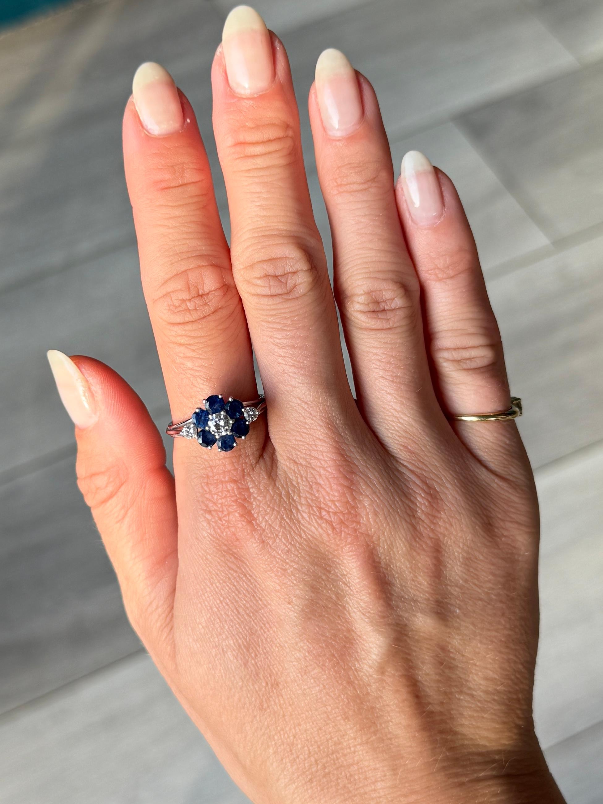 Vintage Sapphire and Diamond Platinum Cluster Ring For Sale 2