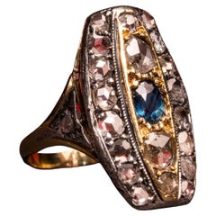 Vintage Sapphire and Diamond Rectangle Gold Ring, Large Rose Cut Diamond Ring
