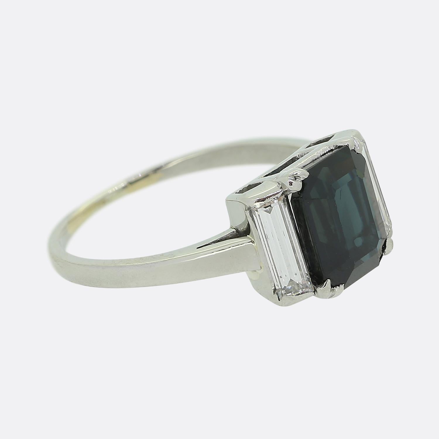 Emerald Cut Vintage Sapphire and Diamond Ring For Sale