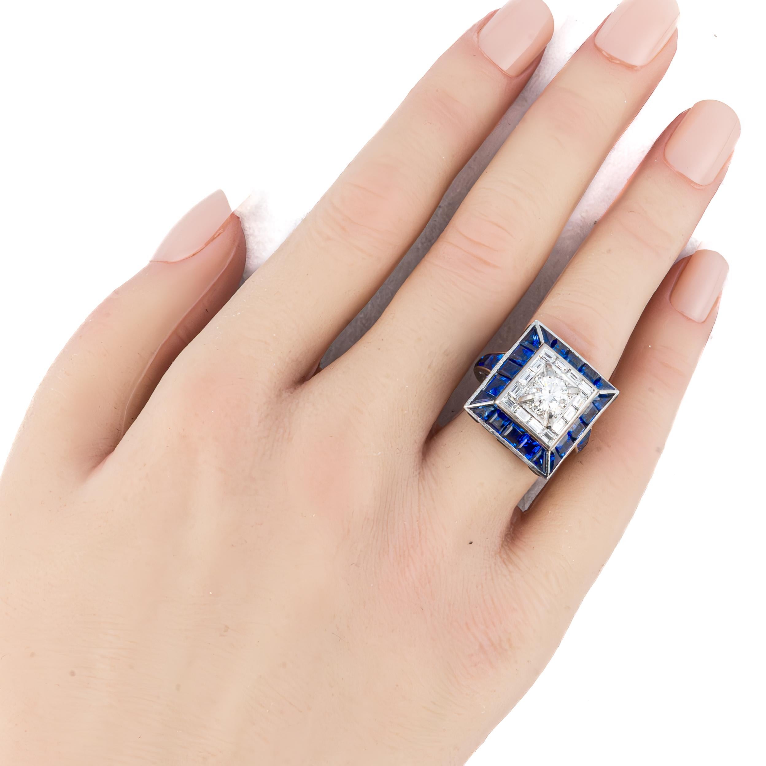 Retro Vintage Sapphire and Diamond Square Cocktail Ring in Platinum For Sale